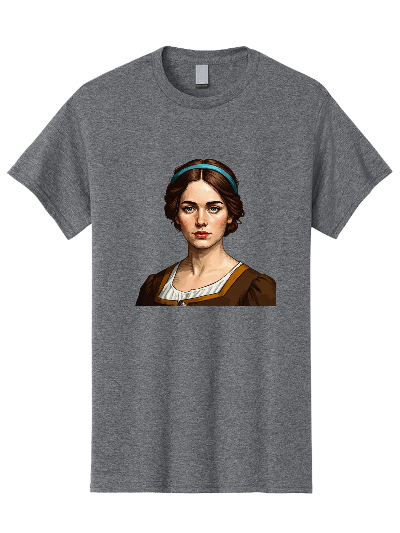 Young-Woman-Portrait-1 Men'S Graphic Tee, 100% Cotton, Comfortable Casual Summer Wear, Machine Washable, Young Woman Portrait, Blue Eyes, Brown Hair, Blue Headband, Brown Dress, White Collar, Renaissance-Inspired Art, Digital Illustration, Bad945 9