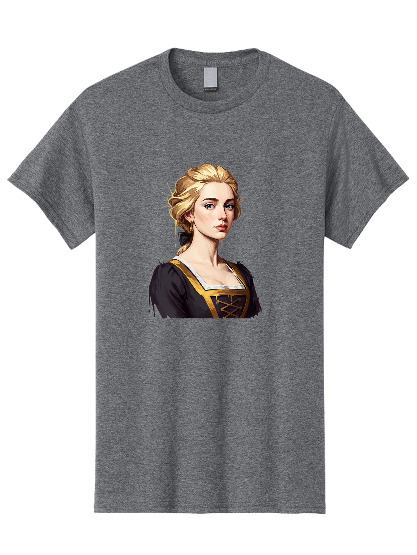 Young-Woman-Portrait Men'S Graphic Tee, 100% Cotton, Comfortable Casual Summer Wear, Machine Washable, Blonde Woman, Renaissance Portrait, Elegant Attire, Blue Eyes, Gold Accents, Medieval Fashion, Historical Figure, Realistic Portrait, Bad946 3