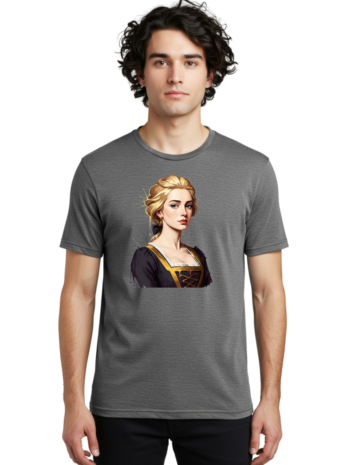 Young-Woman-Portrait Men'S Graphic Tee, 100% Cotton, Comfortable Casual Summer Wear, Machine Washable, Blonde Woman, Renaissance Portrait, Elegant Attire, Blue Eyes, Gold Accents, Medieval Fashion, Historical Figure, Realistic Portrait, Bad946 18