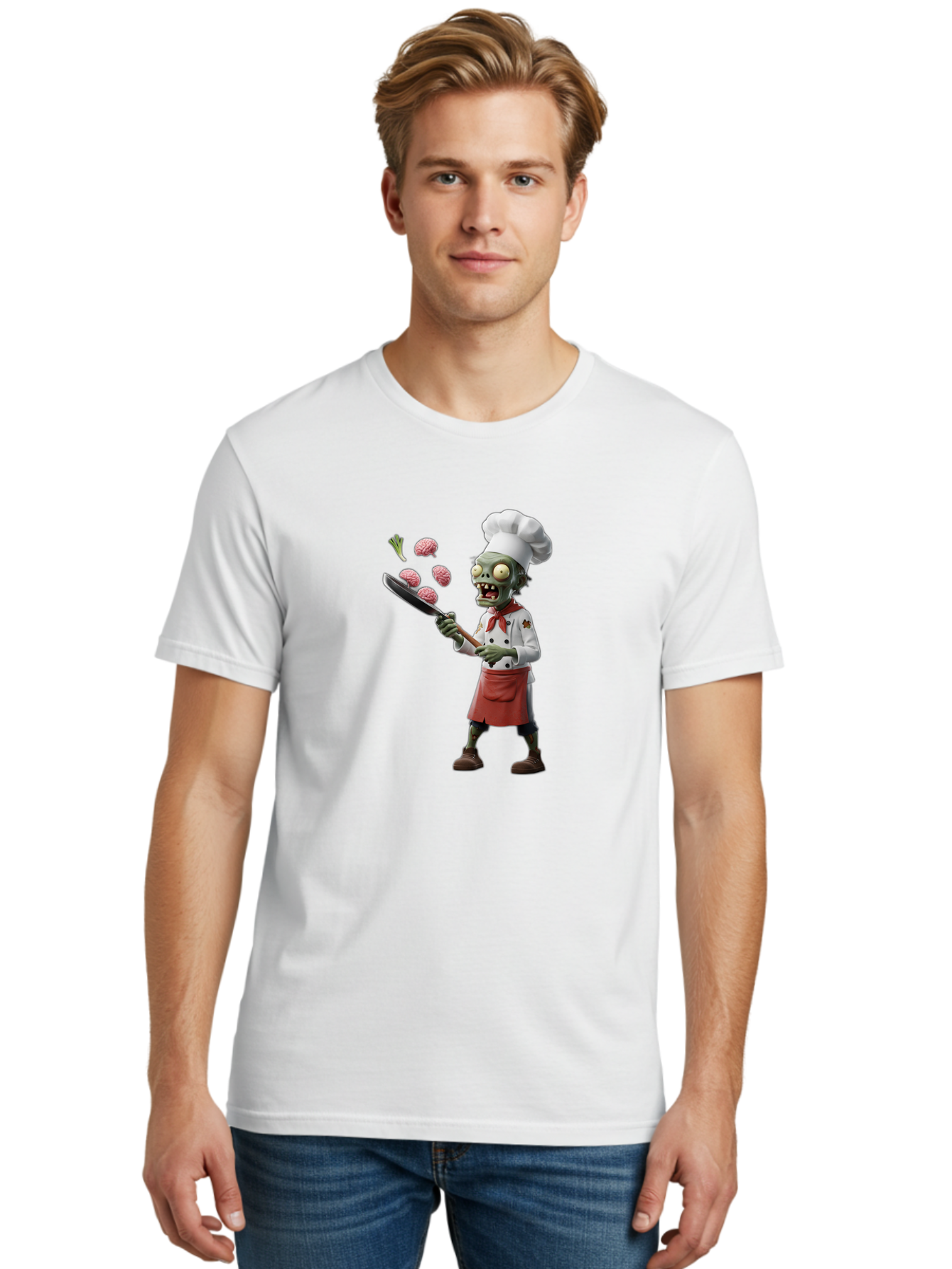 Zombie-Chef Men'S Graphic Tee, 100% Cotton, Comfortable Casual Summer Wear, Machine Washable, Zombie Chef Cooking Brains, Undead Culinary Delights, Spooky Kitchen Scene, Brain Cuisine, Horror Cooking, Creepy Chef, Zombie Cooking Show Bad948 25