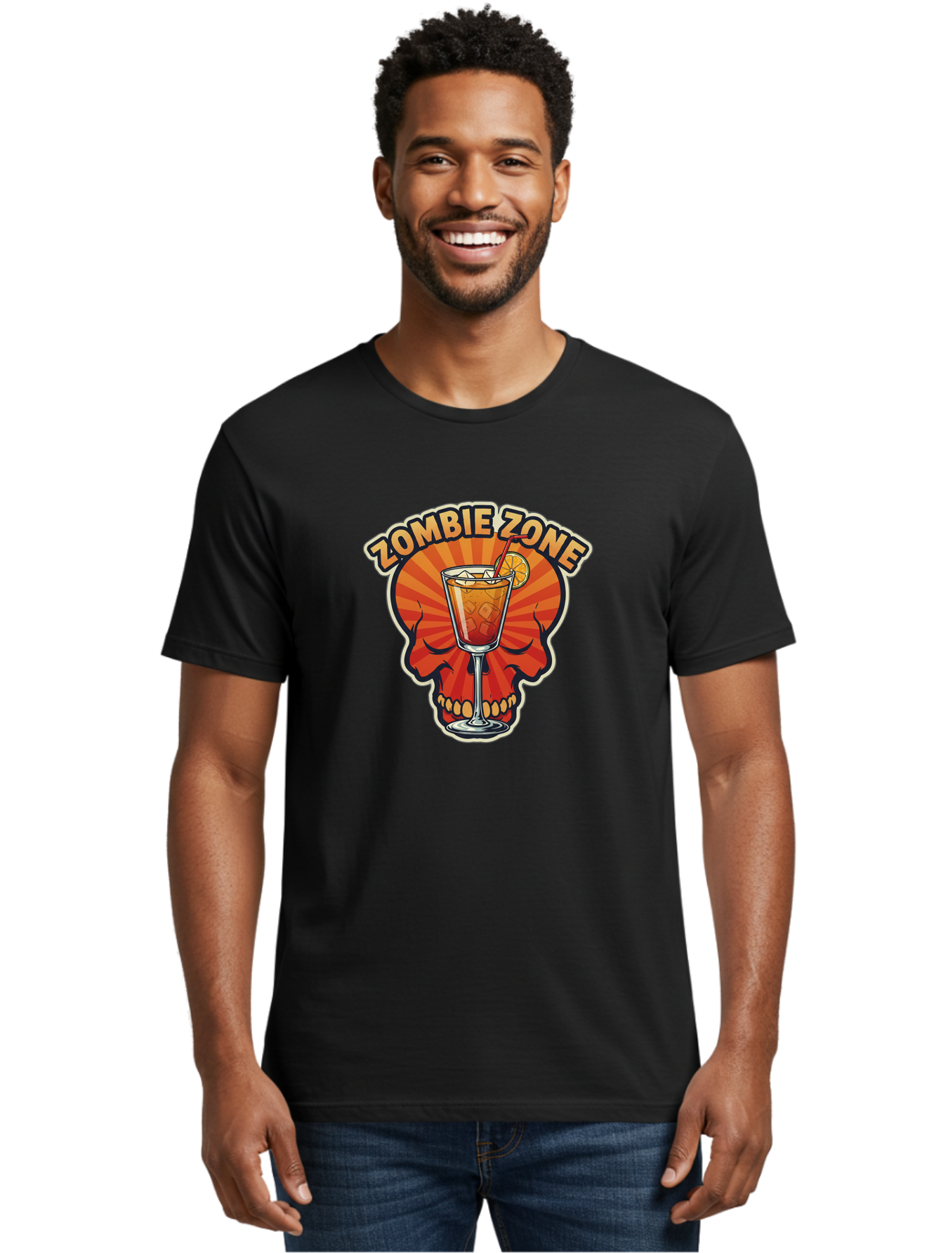 Zombie-Zone Men'S Graphic Tee, 100% Cotton, Comfortable Casual Summer Wear, Machine Washable, Zombie Zone Cocktail, Orange And Red Skull, Tiki Drink, Zombie-Themed Bar, Cocktail Party, Summer Vibes, Orange Drink, Horror-Themed Drinks Bad949 29