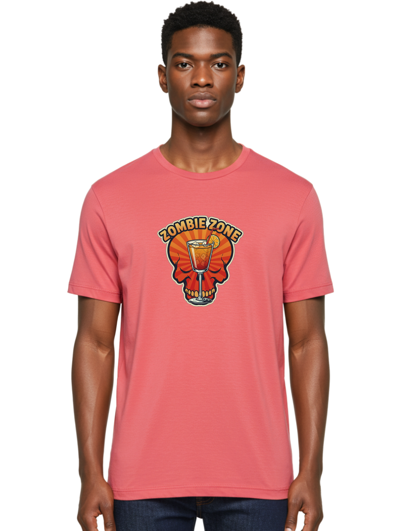 Zombie-Zone Men'S Graphic Tee, 100% Cotton, Comfortable Casual Summer Wear, Machine Washable, Zombie Zone Cocktail, Orange And Red Skull, Tiki Drink, Zombie-Themed Bar, Cocktail Party, Summer Vibes, Orange Drink, Horror-Themed Drinks Bad949 23