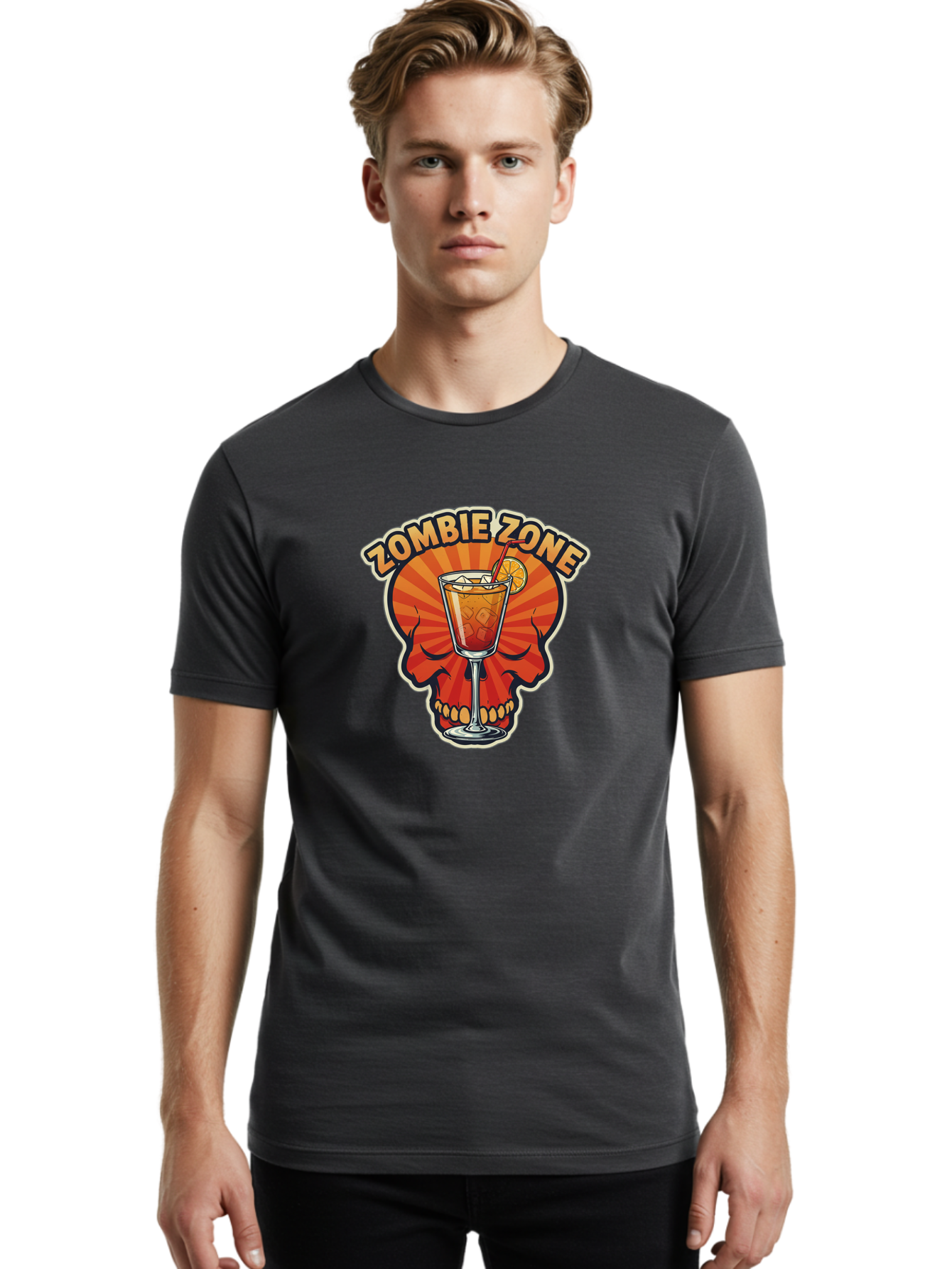 Zombie-Zone Men'S Graphic Tee, 100% Cotton, Comfortable Casual Summer Wear, Machine Washable, Zombie Zone Cocktail, Orange And Red Skull, Tiki Drink, Zombie-Themed Bar, Cocktail Party, Summer Vibes, Orange Drink, Horror-Themed Drinks Bad949 26