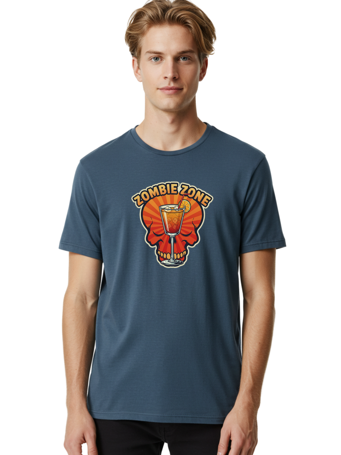 Zombie-Zone Men'S Graphic Tee, 100% Cotton, Comfortable Casual Summer Wear, Machine Washable, Zombie Zone Cocktail, Orange And Red Skull, Tiki Drink, Zombie-Themed Bar, Cocktail Party, Summer Vibes, Orange Drink, Horror-Themed Drinks Bad949 28