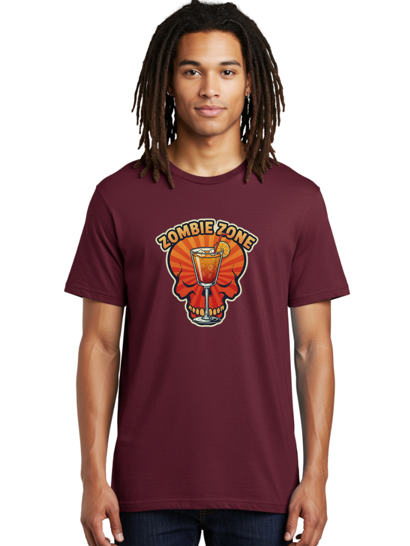 Zombie-Zone Men'S Graphic Tee, 100% Cotton, Comfortable Casual Summer Wear, Machine Washable, Zombie Zone Cocktail, Orange And Red Skull, Tiki Drink, Zombie-Themed Bar, Cocktail Party, Summer Vibes, Orange Drink, Horror-Themed Drinks Bad949 18