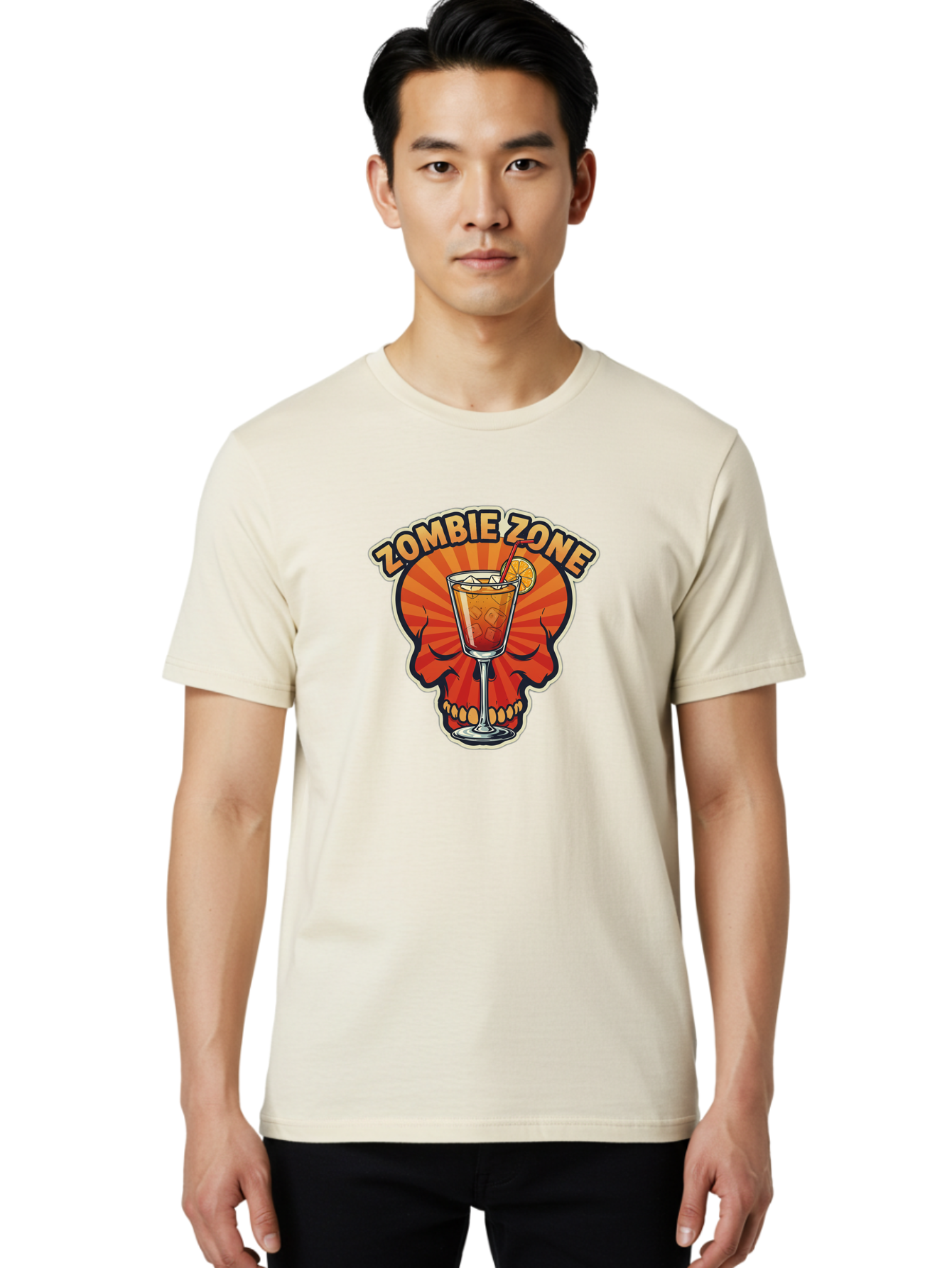 Zombie-Zone Men'S Graphic Tee, 100% Cotton, Comfortable Casual Summer Wear, Machine Washable, Zombie Zone Cocktail, Orange And Red Skull, Tiki Drink, Zombie-Themed Bar, Cocktail Party, Summer Vibes, Orange Drink, Horror-Themed Drinks Bad949 16