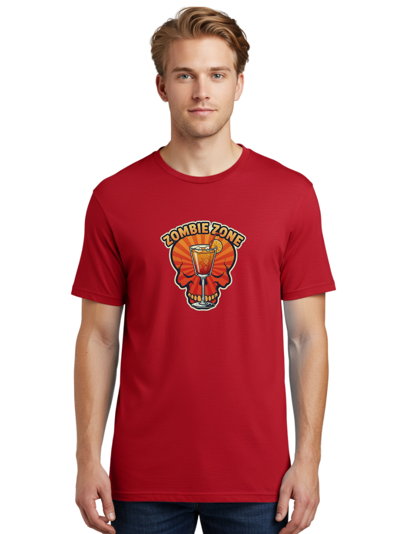 Zombie-Zone Men'S Graphic Tee, 100% Cotton, Comfortable Casual Summer Wear, Machine Washable, Zombie Zone Cocktail, Orange And Red Skull, Tiki Drink, Zombie-Themed Bar, Cocktail Party, Summer Vibes, Orange Drink, Horror-Themed Drinks Bad949 24