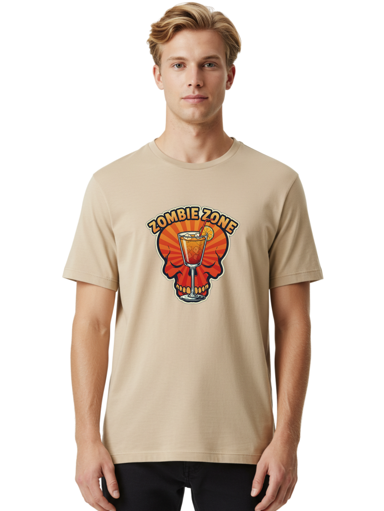 Zombie-Zone Men'S Graphic Tee, 100% Cotton, Comfortable Casual Summer Wear, Machine Washable, Zombie Zone Cocktail, Orange And Red Skull, Tiki Drink, Zombie-Themed Bar, Cocktail Party, Summer Vibes, Orange Drink, Horror-Themed Drinks Bad949 21
