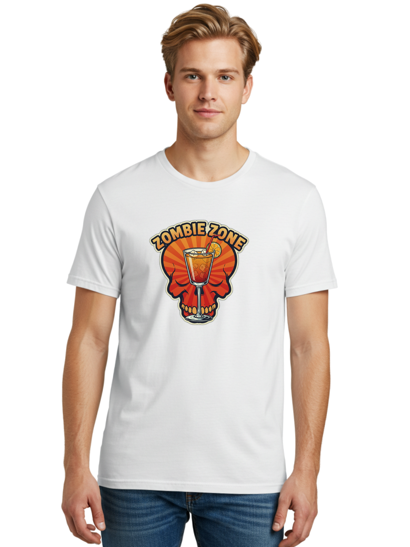 Zombie-Zone Men'S Graphic Tee, 100% Cotton, Comfortable Casual Summer Wear, Machine Washable, Zombie Zone Cocktail, Orange And Red Skull, Tiki Drink, Zombie-Themed Bar, Cocktail Party, Summer Vibes, Orange Drink, Horror-Themed Drinks Bad949 20