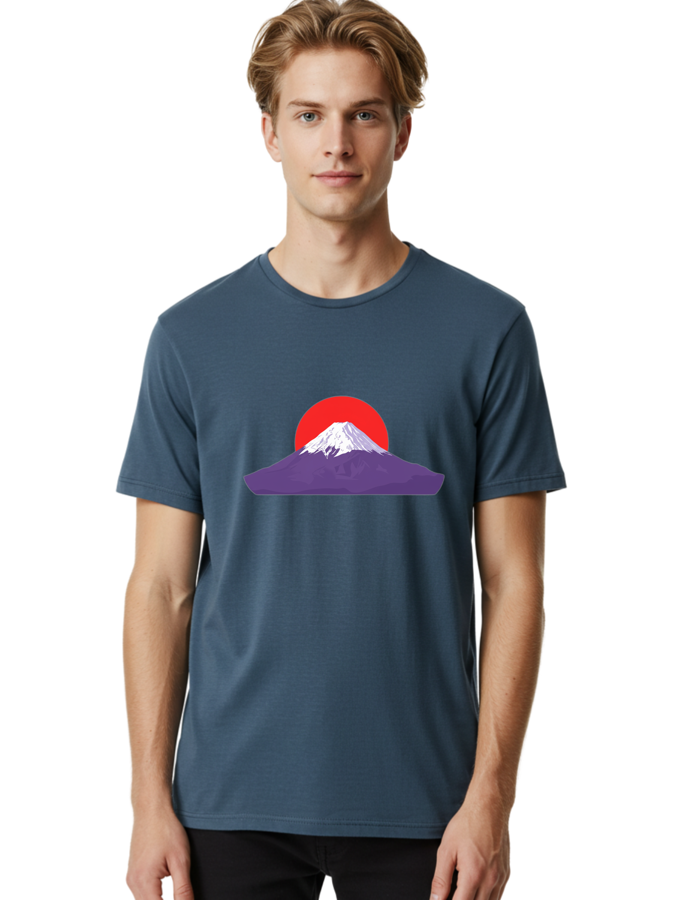 Fuji Men'S Graphic Tee, 100% Cotton, Comfortable Casual Summer Wear, Machine Washable, Mount Fuji Landscape, Red Sun, White Snow, Purple Mountain, Japan Scenery, Minimalist Art, Simple Shapes, Iconic Landmark, Serene Atmosphere, Bad952 30
