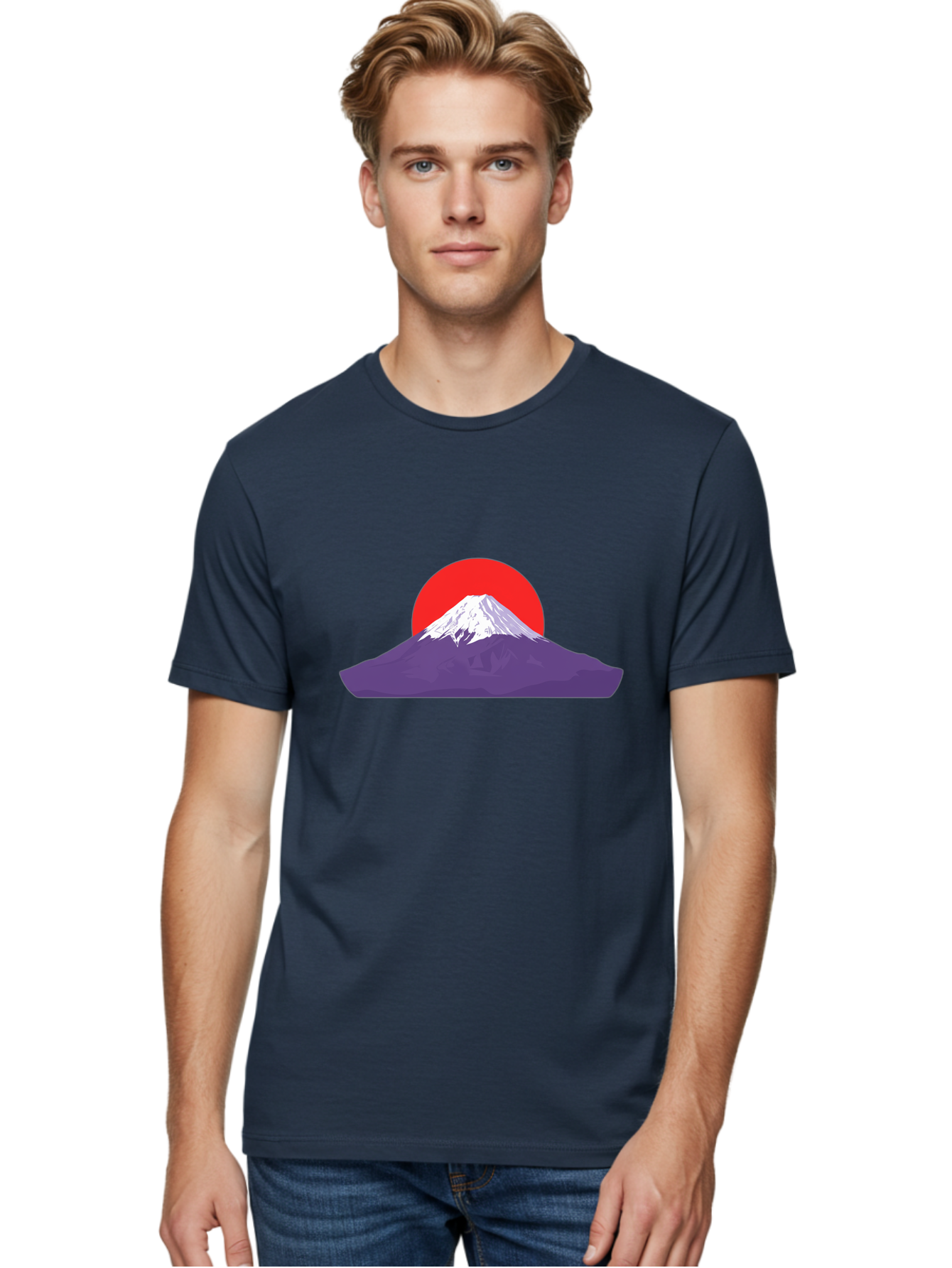 Fuji Men'S Graphic Tee, 100% Cotton, Comfortable Casual Summer Wear, Machine Washable, Mount Fuji Landscape, Red Sun, White Snow, Purple Mountain, Japan Scenery, Minimalist Art, Simple Shapes, Iconic Landmark, Serene Atmosphere, Bad952 24