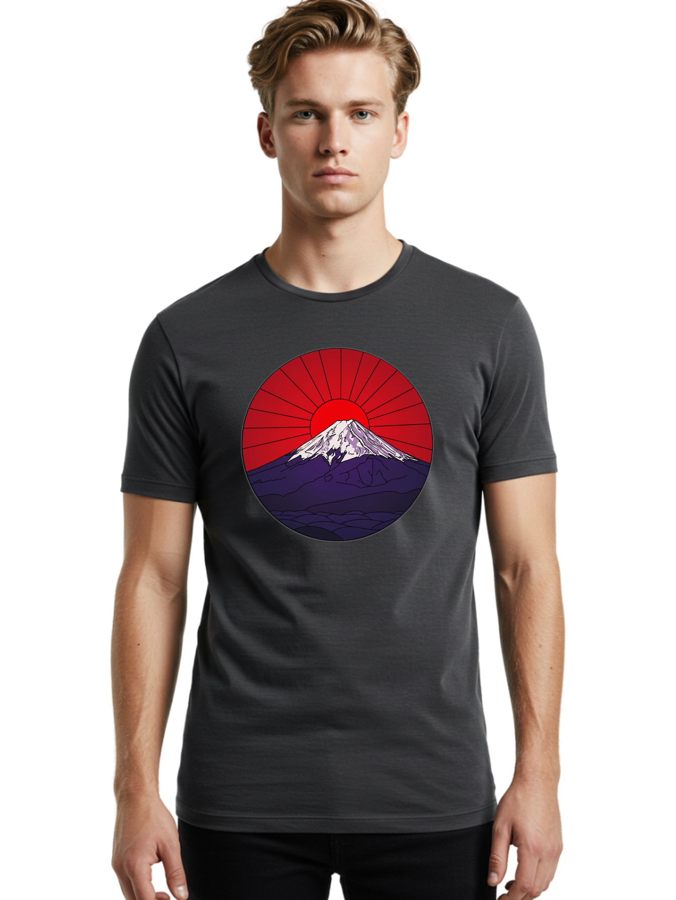 Fujisan Men'S Graphic Tee, 100% Cotton, Comfortable Casual Summer Wear, Machine Washable, Mount Fuji Landscape, Red Sunrise, Iconic Mountain, Japan Scenery, Minimalist Art, Sunrise Over Mountains, Snow-Capped Peak Bad953 22