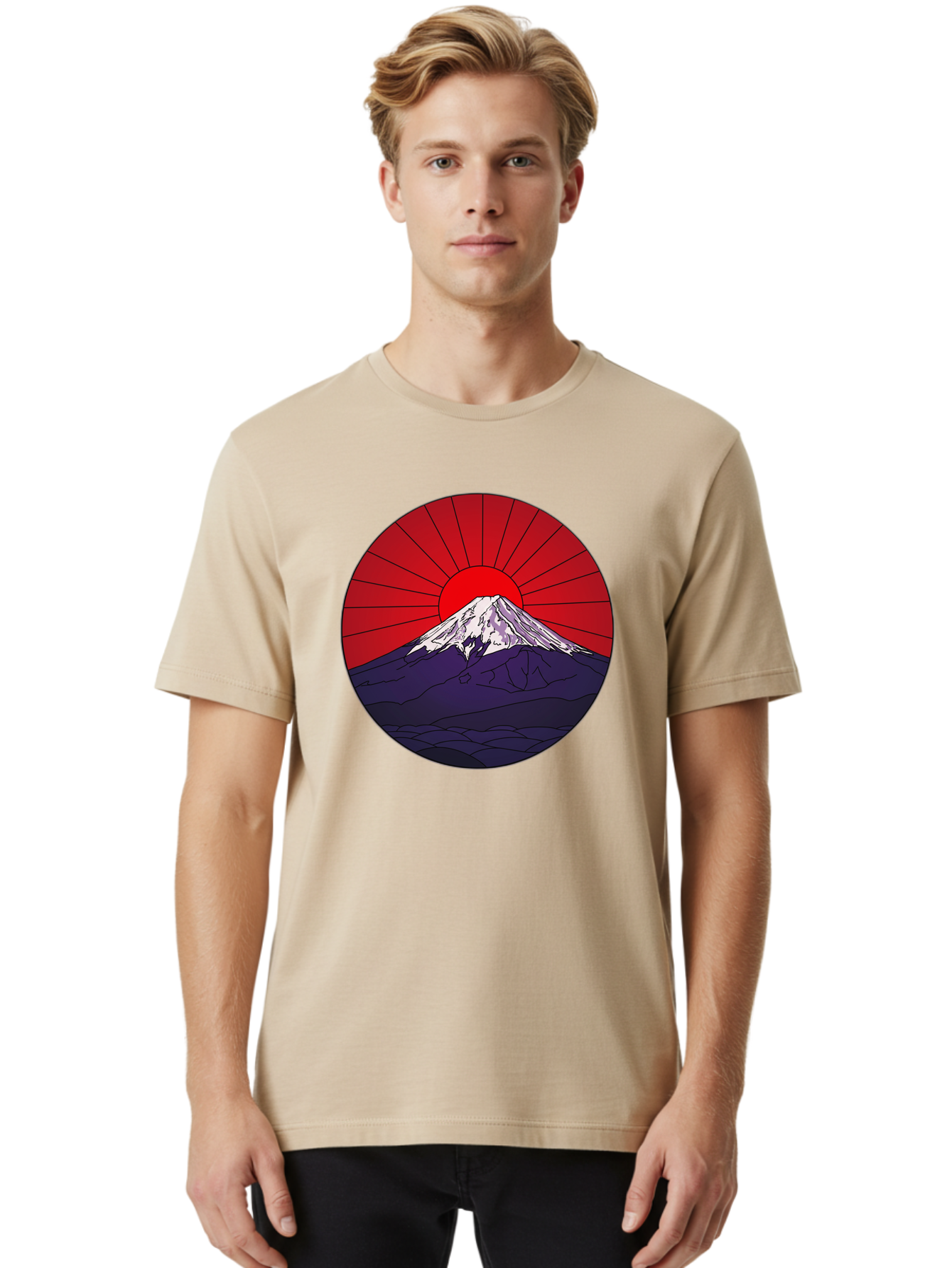 Fujisan Men'S Graphic Tee, 100% Cotton, Comfortable Casual Summer Wear, Machine Washable, Mount Fuji Landscape, Red Sunrise, Iconic Mountain, Japan Scenery, Minimalist Art, Sunrise Over Mountains, Snow-Capped Peak Bad953 18