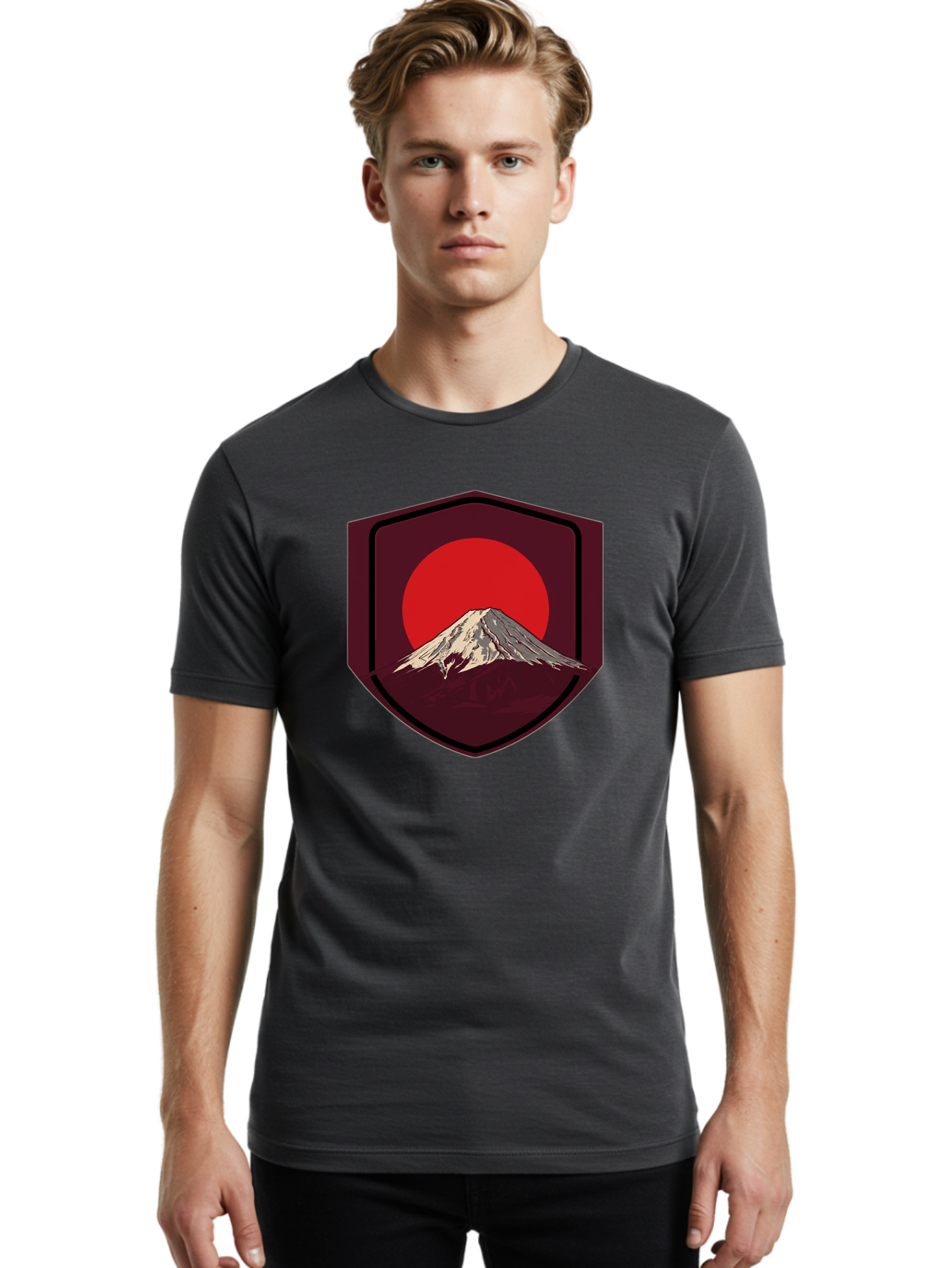 Mount-Fuji-Badge Men'S Graphic Tee, 100% Cotton, Comfortable Casual Summer Wear, Machine Washable, Mount Fuji, Japanese Mountain, Red Sun, Shield Emblem, Mountain Landscape, Japanese Culture, Iconic Symbol, Graphic Design, Red Circle Bad975 16