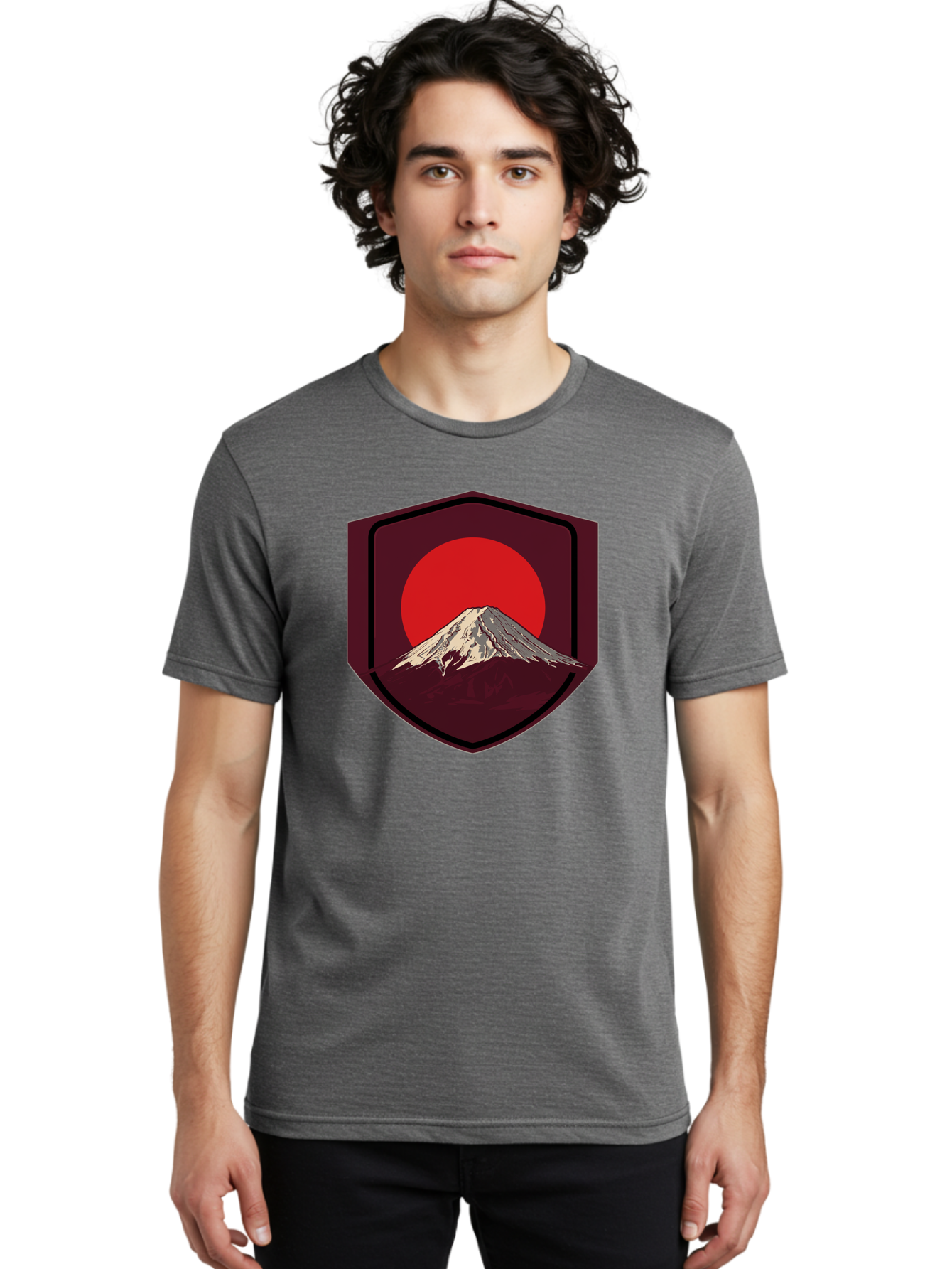Mount-Fuji-Badge Men'S Graphic Tee, 100% Cotton, Comfortable Casual Summer Wear, Machine Washable, Mount Fuji, Japanese Mountain, Red Sun, Shield Emblem, Mountain Landscape, Japanese Culture, Iconic Symbol, Graphic Design, Red Circle Bad975 24