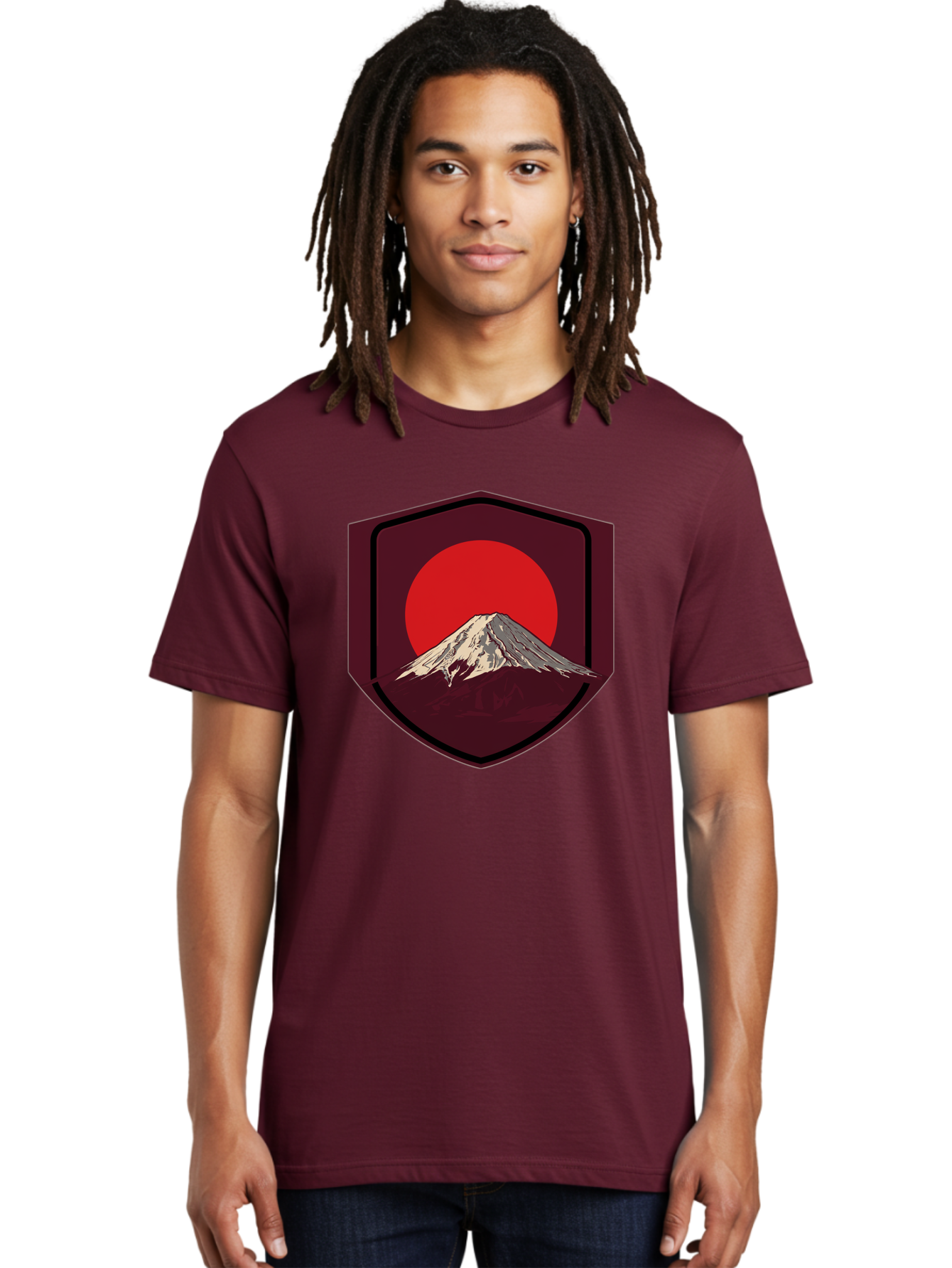 Mount-Fuji-Badge Men'S Graphic Tee, 100% Cotton, Comfortable Casual Summer Wear, Machine Washable, Mount Fuji, Japanese Mountain, Red Sun, Shield Emblem, Mountain Landscape, Japanese Culture, Iconic Symbol, Graphic Design, Red Circle Bad975 19