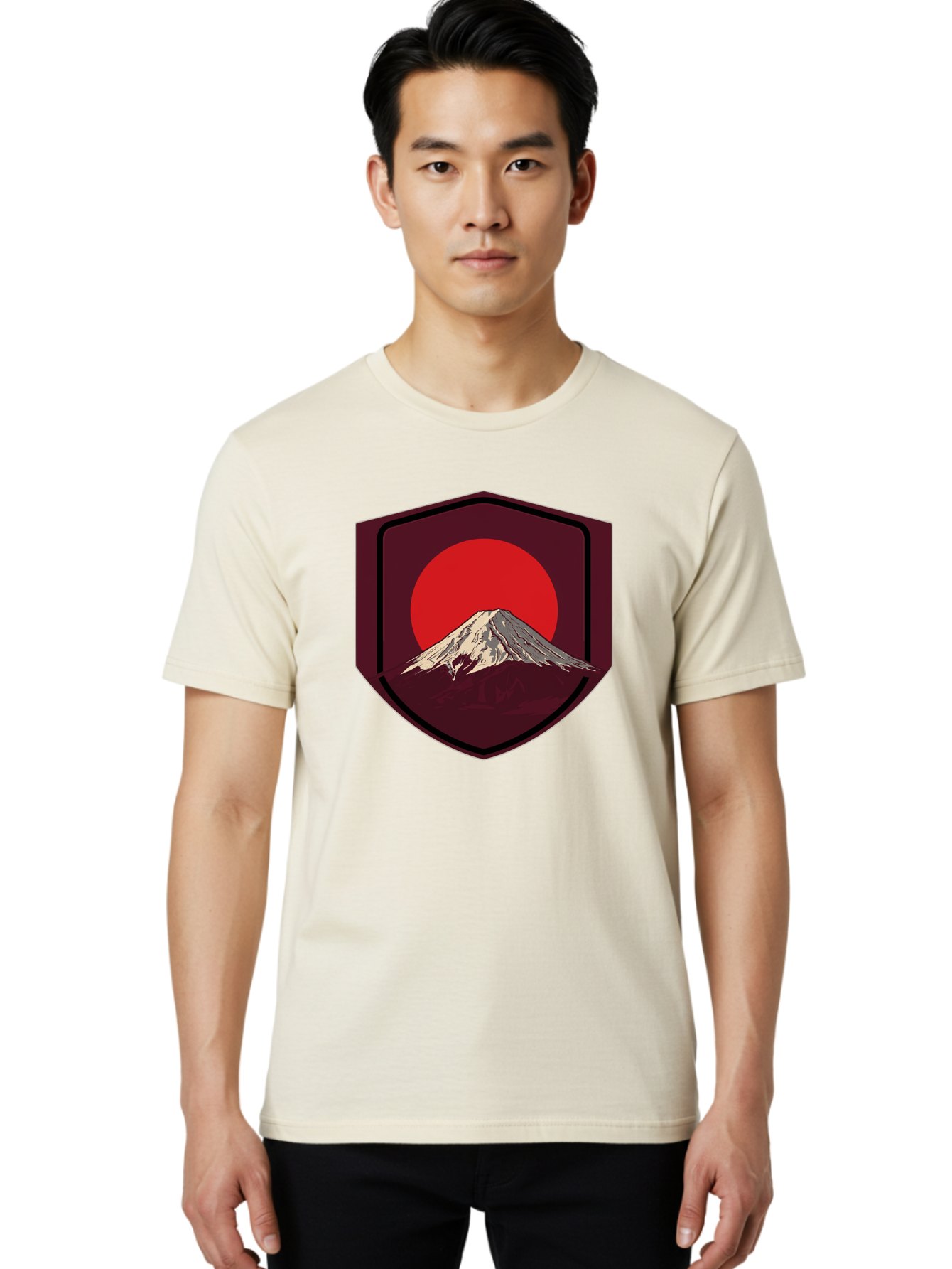 Mount-Fuji-Badge Men'S Graphic Tee, 100% Cotton, Comfortable Casual Summer Wear, Machine Washable, Mount Fuji, Japanese Mountain, Red Sun, Shield Emblem, Mountain Landscape, Japanese Culture, Iconic Symbol, Graphic Design, Red Circle Bad975 29