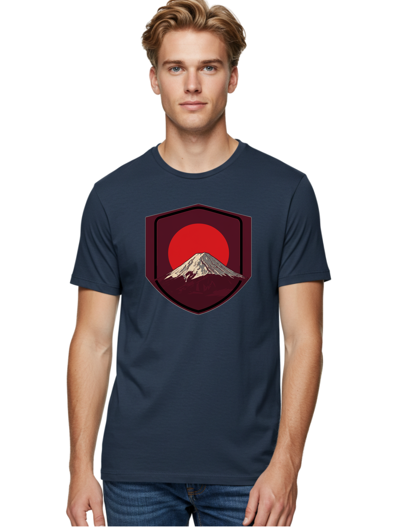Mount-Fuji-Badge Men'S Graphic Tee, 100% Cotton, Comfortable Casual Summer Wear, Machine Washable, Mount Fuji, Japanese Mountain, Red Sun, Shield Emblem, Mountain Landscape, Japanese Culture, Iconic Symbol, Graphic Design, Red Circle Bad975 20