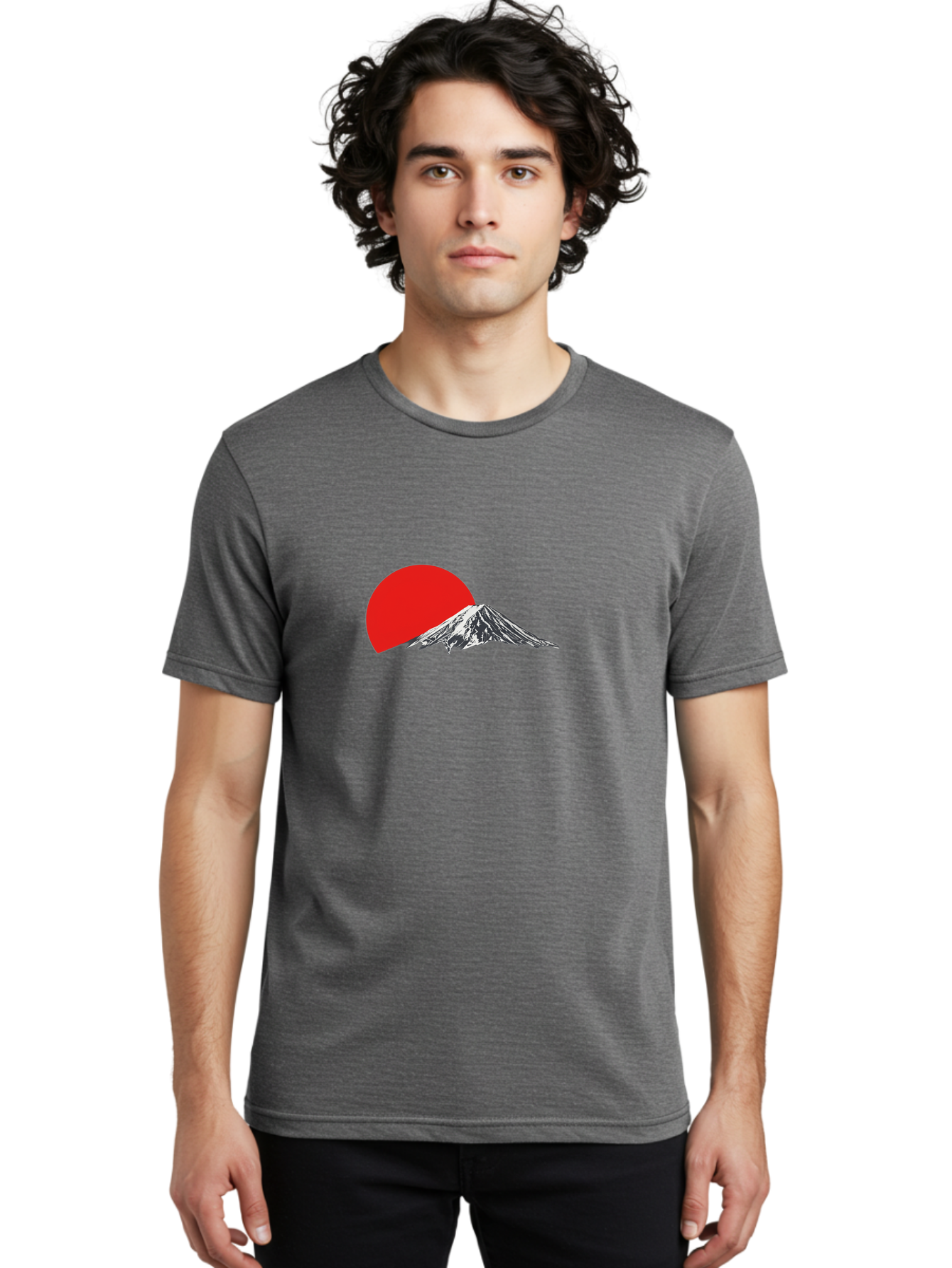 Mount-Fuji-Sunset Men'S Graphic Tee, 100% Cotton, Comfortable Casual Summer Wear, Machine Washable, Mount Fuji Landscape, Red Sun, Mountain Scenery, Serene Landscape, Japanese Culture, Iconic Landmark, Minimalist Design, Simple Art Bad976 24