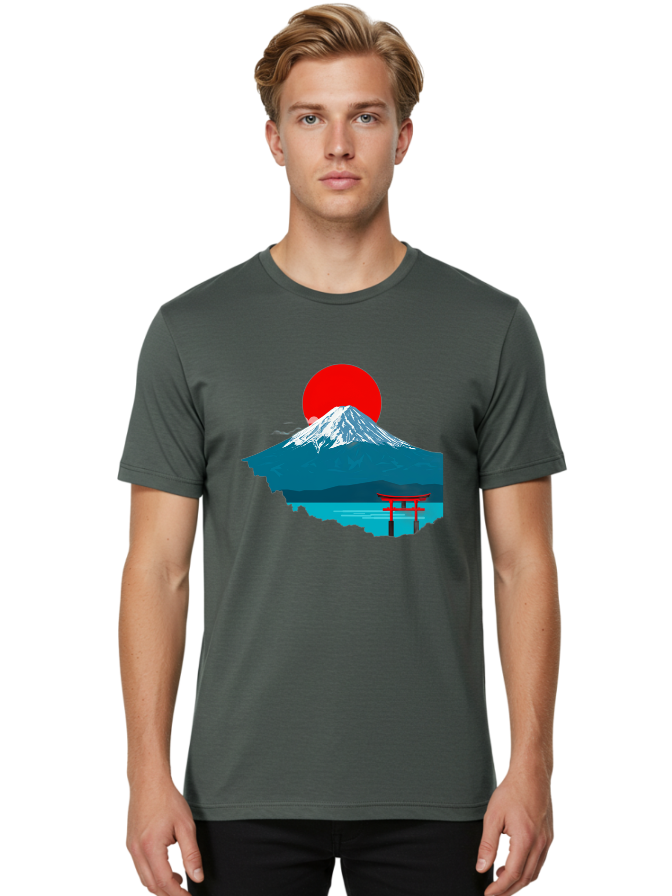 Mount-Fuji-Torii Men'S Graphic Tee, 100% Cotton, Comfortable Casual Summer Wear, Machine Washable, Mount Fuji Landscape, Japanese Scenery, Torii Gate, Red Sun, Serene Lake, Snowy Mountain, Traditional Japan, Vibrant Colors, Iconic Landmarks, Bad977 29