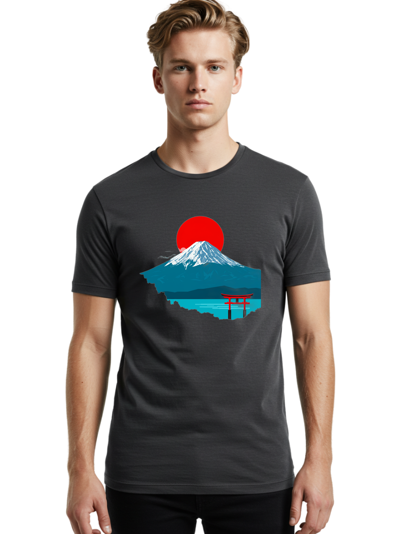 Mount-Fuji-Torii Men'S Graphic Tee, 100% Cotton, Comfortable Casual Summer Wear, Machine Washable, Mount Fuji Landscape, Japanese Scenery, Torii Gate, Red Sun, Serene Lake, Snowy Mountain, Traditional Japan, Vibrant Colors, Iconic Landmarks, Bad977 25
