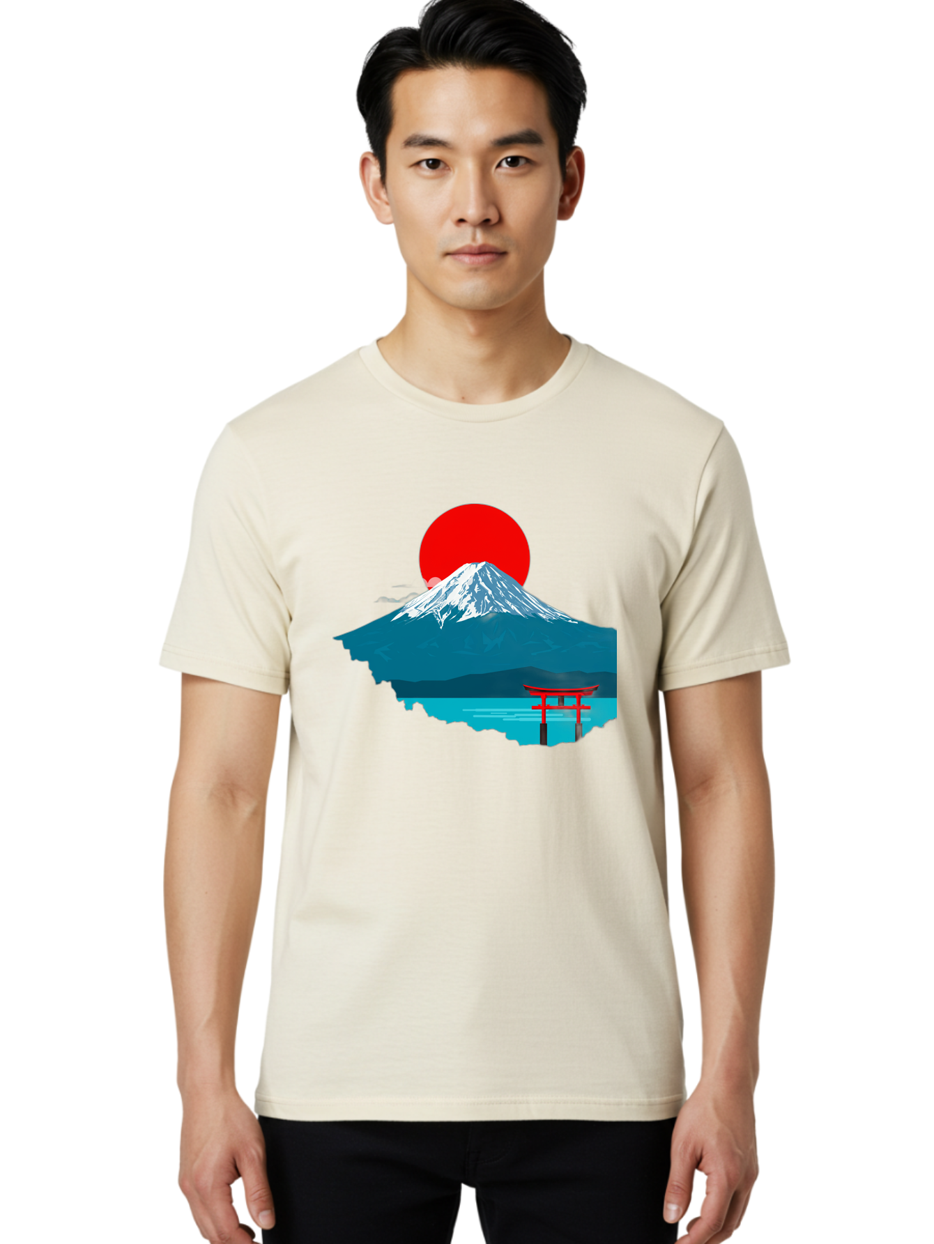 Mount-Fuji-Torii Men'S Graphic Tee, 100% Cotton, Comfortable Casual Summer Wear, Machine Washable, Mount Fuji Landscape, Japanese Scenery, Torii Gate, Red Sun, Serene Lake, Snowy Mountain, Traditional Japan, Vibrant Colors, Iconic Landmarks, Bad977 19