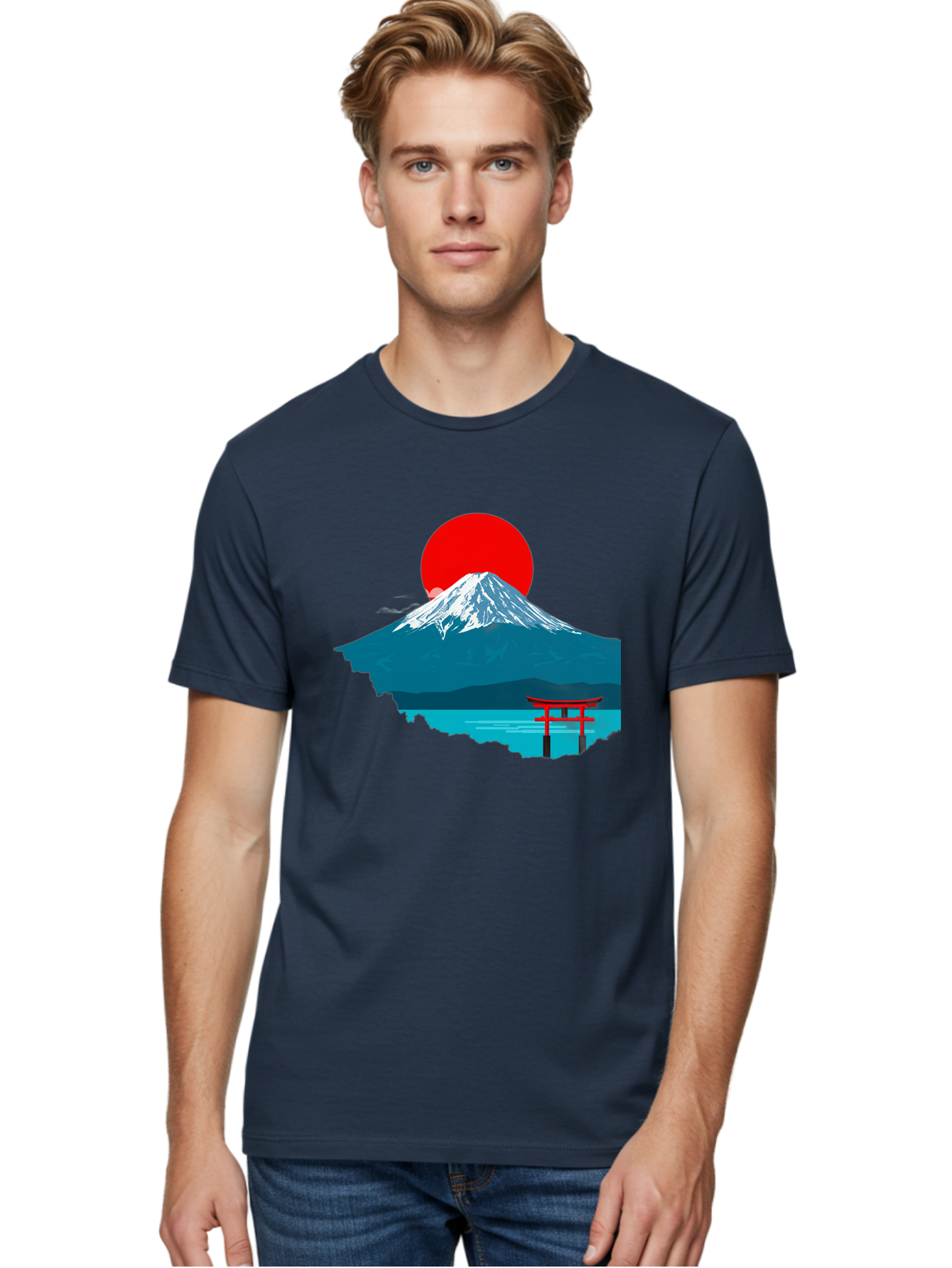 Mount-Fuji-Torii Men'S Graphic Tee, 100% Cotton, Comfortable Casual Summer Wear, Machine Washable, Mount Fuji Landscape, Japanese Scenery, Torii Gate, Red Sun, Serene Lake, Snowy Mountain, Traditional Japan, Vibrant Colors, Iconic Landmarks, Bad977 30