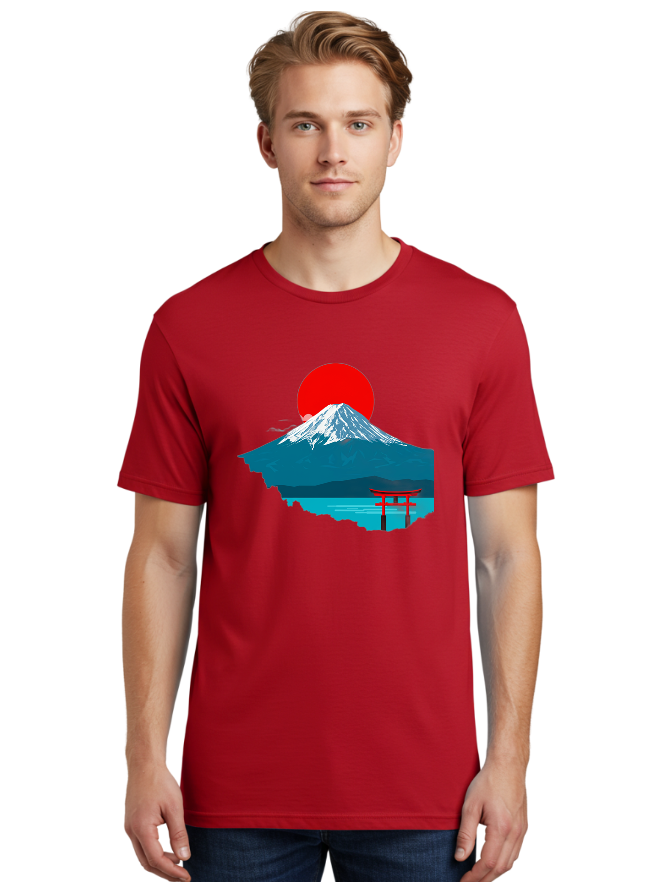 Mount-Fuji-Torii Men'S Graphic Tee, 100% Cotton, Comfortable Casual Summer Wear, Machine Washable, Mount Fuji Landscape, Japanese Scenery, Torii Gate, Red Sun, Serene Lake, Snowy Mountain, Traditional Japan, Vibrant Colors, Iconic Landmarks, Bad977 16