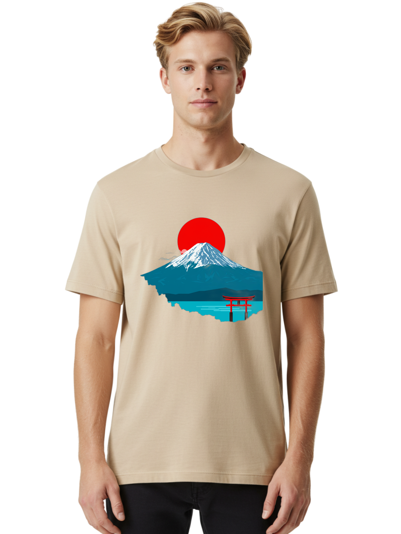 Mount-Fuji-Torii Men'S Graphic Tee, 100% Cotton, Comfortable Casual Summer Wear, Machine Washable, Mount Fuji Landscape, Japanese Scenery, Torii Gate, Red Sun, Serene Lake, Snowy Mountain, Traditional Japan, Vibrant Colors, Iconic Landmarks, Bad977 24