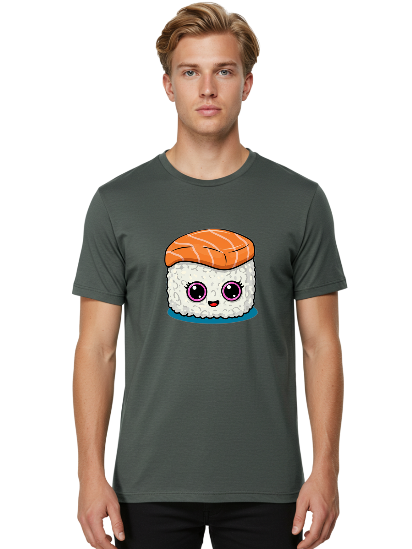 Salmon-Sushi Men'S Graphic Tee, 100% Cotton, Comfortable Casual Summer Wear, Machine Washable, Cartoon Sushi, Cute Sushi, Kawaii Food, Salmon Nigiri, Japanese Cuisine, Adorable Characters, Food Illustration, Sushi Art, Cartoon Character Design Bad988 16