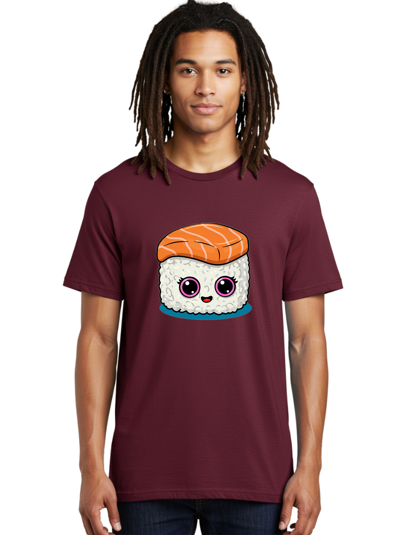 Salmon-Sushi Men'S Graphic Tee, 100% Cotton, Comfortable Casual Summer Wear, Machine Washable, Cartoon Sushi, Cute Sushi, Kawaii Food, Salmon Nigiri, Japanese Cuisine, Adorable Characters, Food Illustration, Sushi Art, Cartoon Character Design Bad988 30