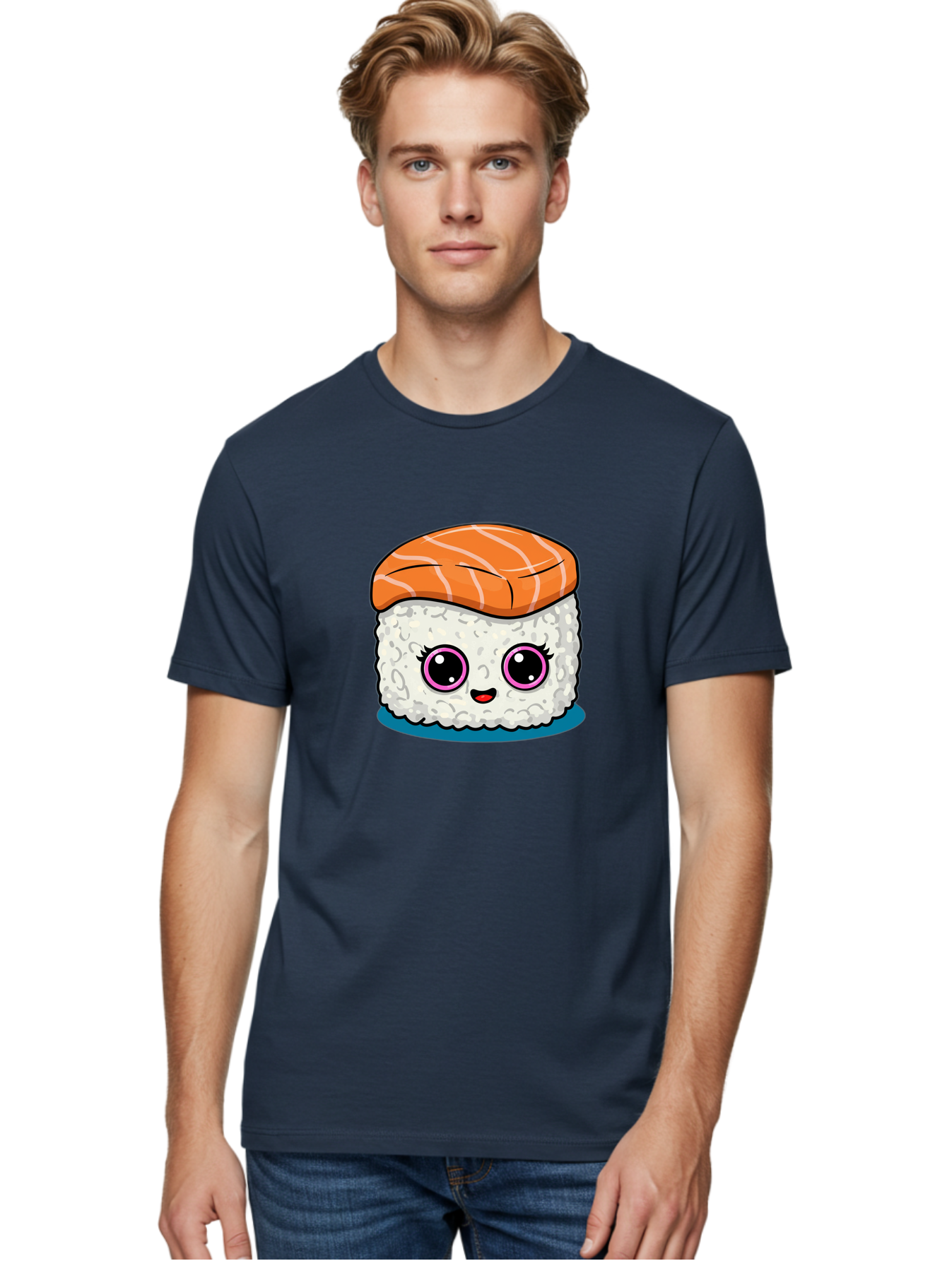 Salmon-Sushi Men'S Graphic Tee, 100% Cotton, Comfortable Casual Summer Wear, Machine Washable, Cartoon Sushi, Cute Sushi, Kawaii Food, Salmon Nigiri, Japanese Cuisine, Adorable Characters, Food Illustration, Sushi Art, Cartoon Character Design Bad988 17