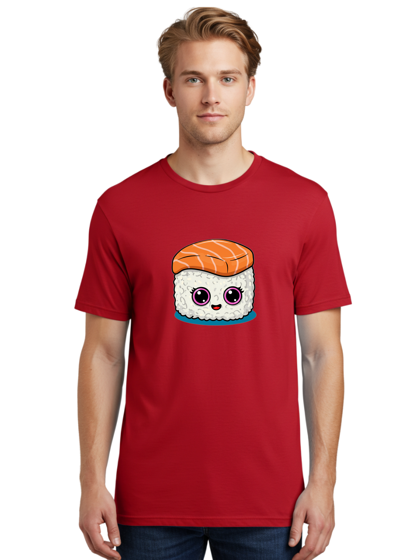 Salmon-Sushi Men'S Graphic Tee, 100% Cotton, Comfortable Casual Summer Wear, Machine Washable, Cartoon Sushi, Cute Sushi, Kawaii Food, Salmon Nigiri, Japanese Cuisine, Adorable Characters, Food Illustration, Sushi Art, Cartoon Character Design Bad988 21