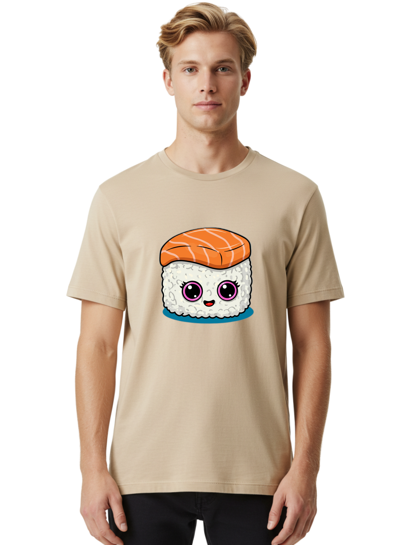 Salmon-Sushi Men'S Graphic Tee, 100% Cotton, Comfortable Casual Summer Wear, Machine Washable, Cartoon Sushi, Cute Sushi, Kawaii Food, Salmon Nigiri, Japanese Cuisine, Adorable Characters, Food Illustration, Sushi Art, Cartoon Character Design Bad988 18