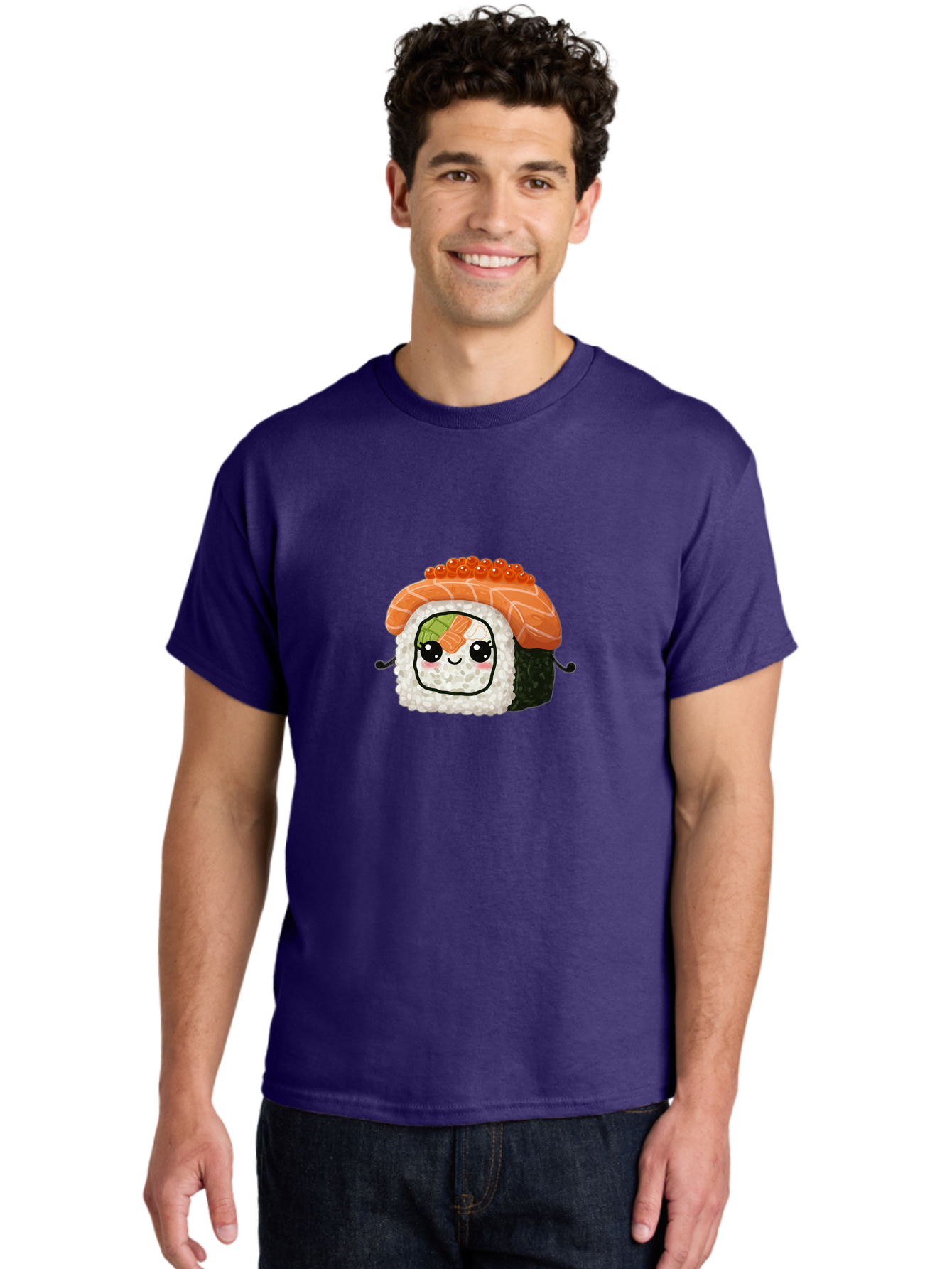 Sushi-Roll Men'S Graphic Tee, 100% Cotton, Comfortable Casual Summer Wear, Machine Washable, Kawaii Sushi Roll, Cartoon Sushi, Adorable Food, Sushi Character, Cute Anime Art, Foodie Illustrations, Mignardise, Orange Salmon, Sushi Love Bad999 28