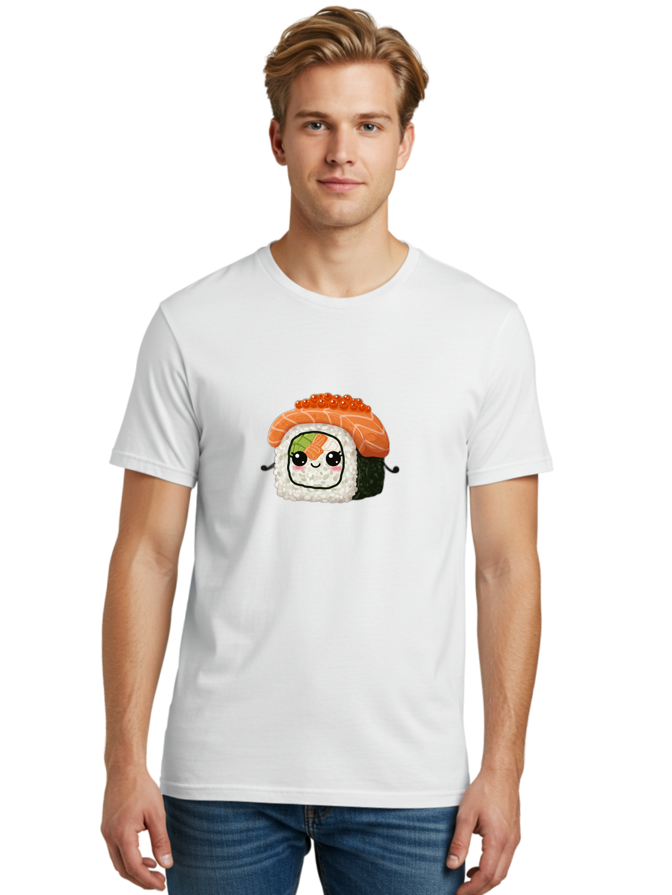 Sushi-Roll Men'S Graphic Tee, 100% Cotton, Comfortable Casual Summer Wear, Machine Washable, Kawaii Sushi Roll, Cartoon Sushi, Adorable Food, Sushi Character, Cute Anime Art, Foodie Illustrations, Mignardise, Orange Salmon, Sushi Love Bad999 30