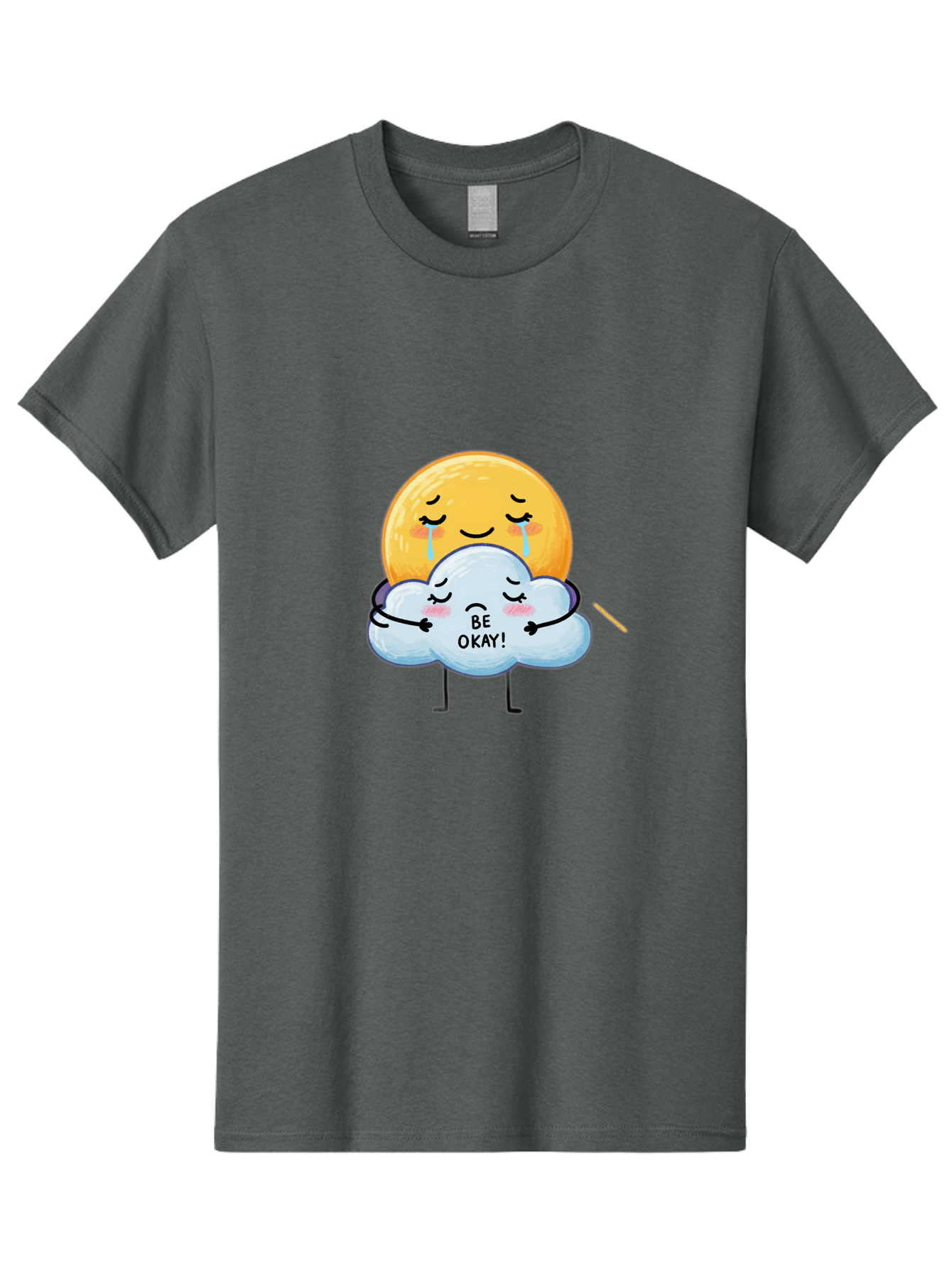 Be-Okay Men'S Graphic Tee, 100% Cotton, Comfortable Casual Summer Wear, Machine Washable, Crying Sun, Cloud Hugging Sun, Emotional Support, Comforting Words, Positive Affirmation, Mental Health Awareness, Cute Cartoon Characters, Bae002 7