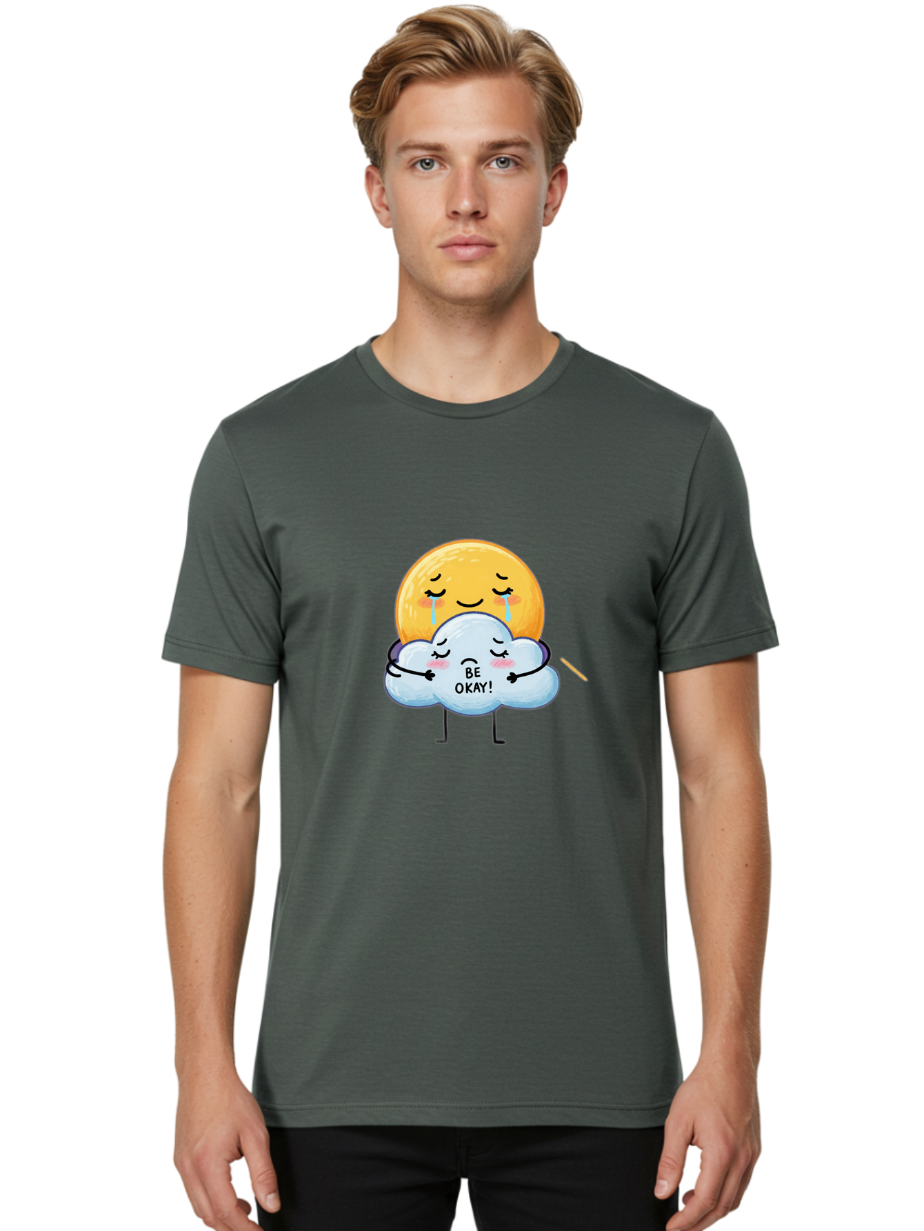 Be-Okay Men'S Graphic Tee, 100% Cotton, Comfortable Casual Summer Wear, Machine Washable, Crying Sun, Cloud Hugging Sun, Emotional Support, Comforting Words, Positive Affirmation, Mental Health Awareness, Cute Cartoon Characters, Bae002 22