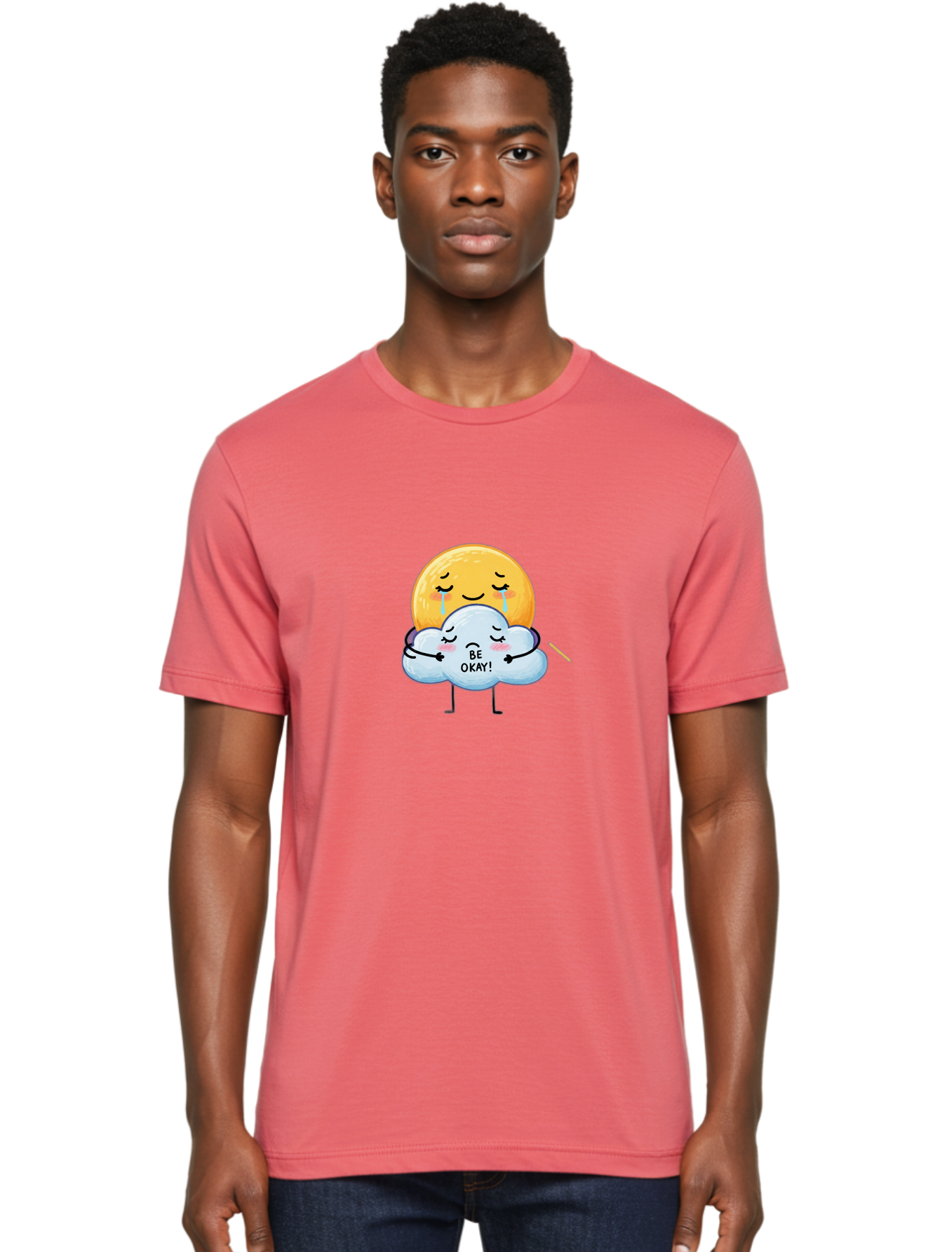 Be-Okay Men'S Graphic Tee, 100% Cotton, Comfortable Casual Summer Wear, Machine Washable, Crying Sun, Cloud Hugging Sun, Emotional Support, Comforting Words, Positive Affirmation, Mental Health Awareness, Cute Cartoon Characters, Bae002 27