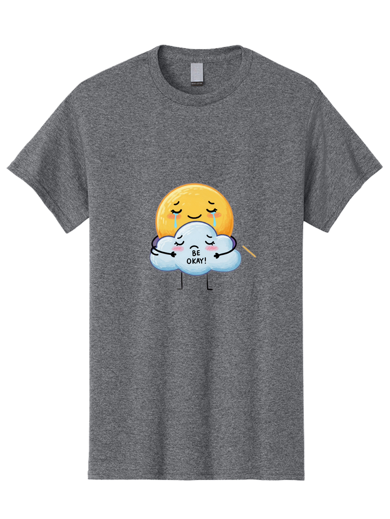 Be-Okay Men'S Graphic Tee, 100% Cotton, Comfortable Casual Summer Wear, Machine Washable, Crying Sun, Cloud Hugging Sun, Emotional Support, Comforting Words, Positive Affirmation, Mental Health Awareness, Cute Cartoon Characters, Bae002 13
