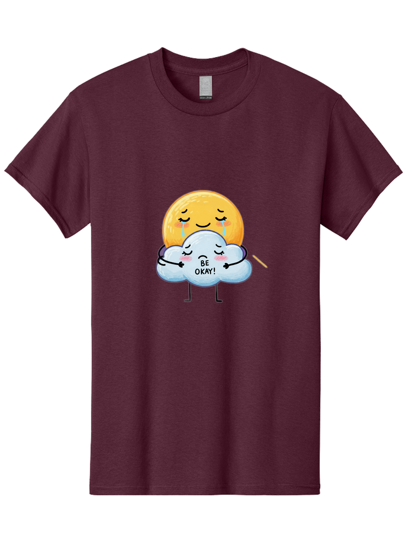 Be-Okay Men'S Graphic Tee, 100% Cotton, Comfortable Casual Summer Wear, Machine Washable, Crying Sun, Cloud Hugging Sun, Emotional Support, Comforting Words, Positive Affirmation, Mental Health Awareness, Cute Cartoon Characters, Bae002 15