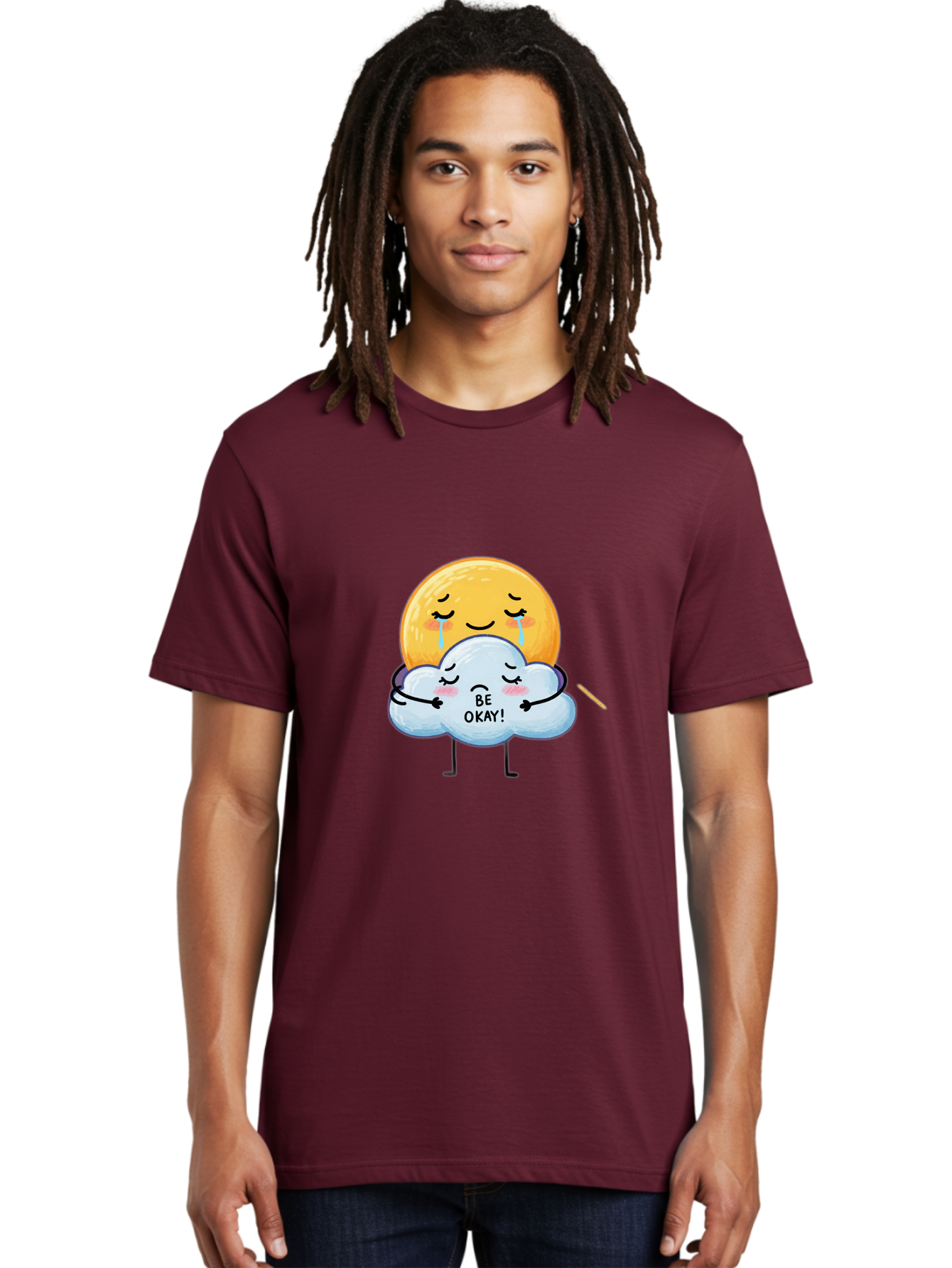 Be-Okay Men'S Graphic Tee, 100% Cotton, Comfortable Casual Summer Wear, Machine Washable, Crying Sun, Cloud Hugging Sun, Emotional Support, Comforting Words, Positive Affirmation, Mental Health Awareness, Cute Cartoon Characters, Bae002 30