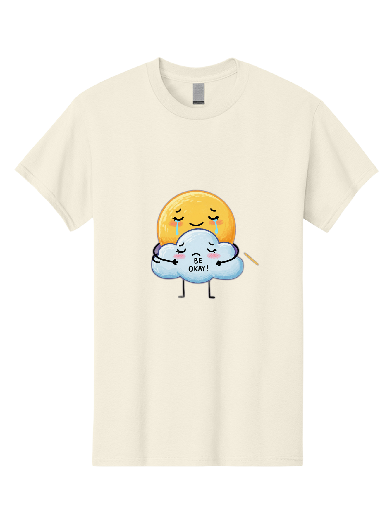 Be-Okay Men'S Graphic Tee, 100% Cotton, Comfortable Casual Summer Wear, Machine Washable, Crying Sun, Cloud Hugging Sun, Emotional Support, Comforting Words, Positive Affirmation, Mental Health Awareness, Cute Cartoon Characters, Bae002 14