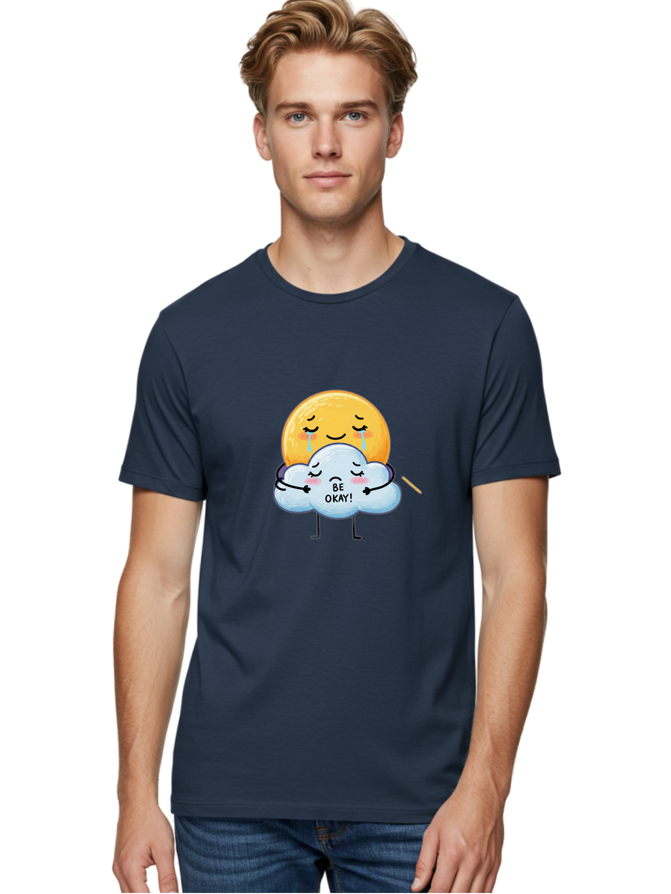 Be-Okay Men'S Graphic Tee, 100% Cotton, Comfortable Casual Summer Wear, Machine Washable, Crying Sun, Cloud Hugging Sun, Emotional Support, Comforting Words, Positive Affirmation, Mental Health Awareness, Cute Cartoon Characters, Bae002 23