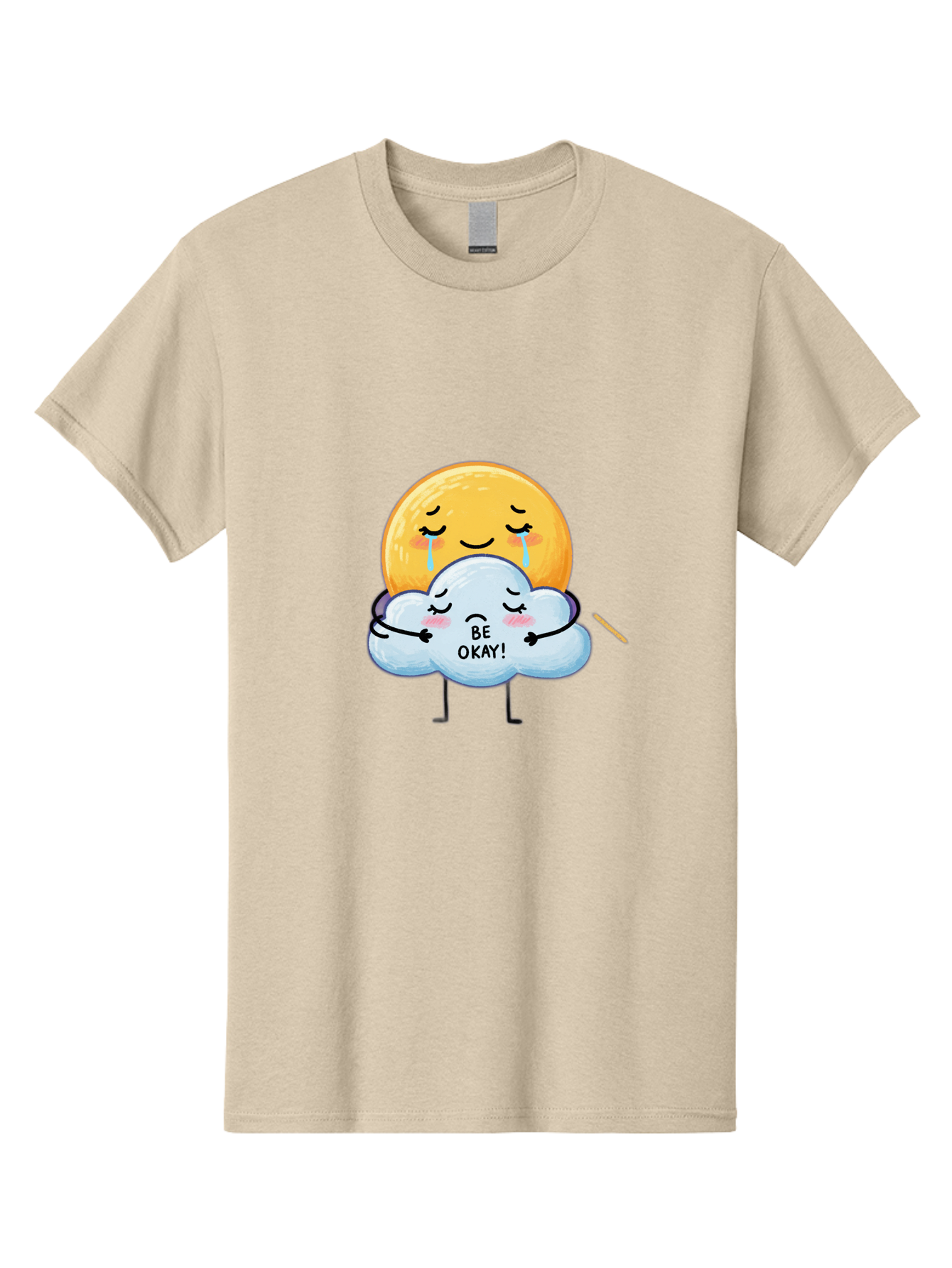 Be-Okay Men'S Graphic Tee, 100% Cotton, Comfortable Casual Summer Wear, Machine Washable, Crying Sun, Cloud Hugging Sun, Emotional Support, Comforting Words, Positive Affirmation, Mental Health Awareness, Cute Cartoon Characters, Bae002 11