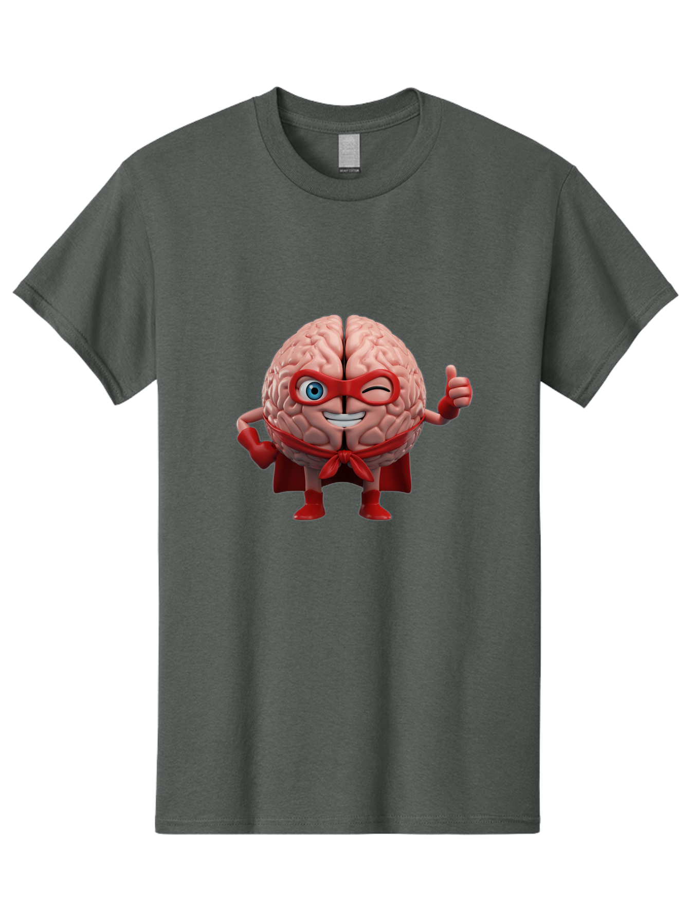 Brain-Superhero Men'S Graphic Tee, 100% Cotton, Comfortable Casual Summer Wear, Machine Washable, Cartoon Brain, Superhero Character, Comic Book Style, Flexing Muscles, Thumbs Up, Red Cape, Red Mask, Human Brain Illustration, Funny, Creative, Bae006 14