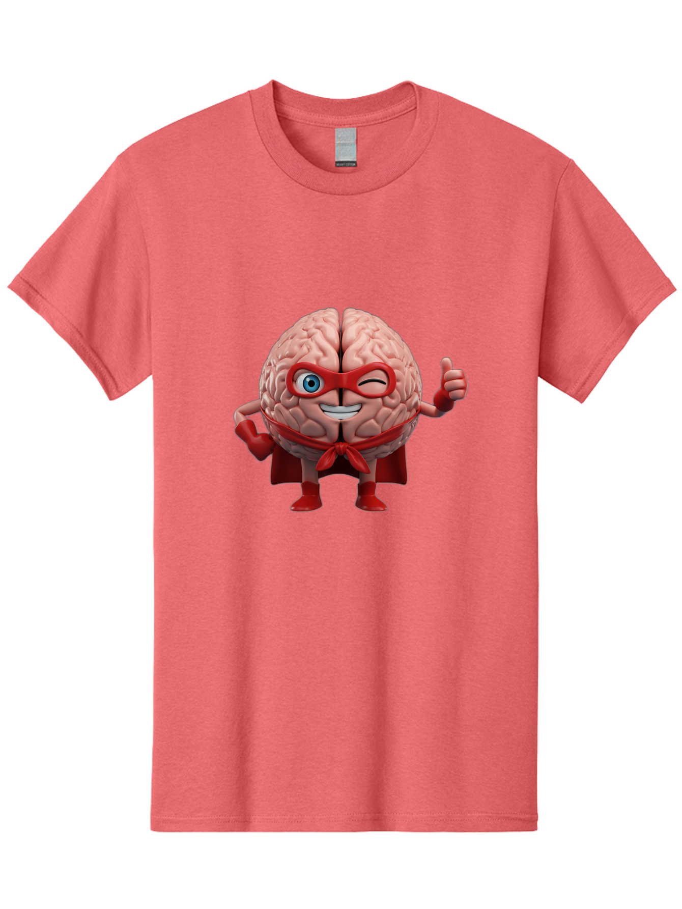 Brain-Superhero Men'S Graphic Tee, 100% Cotton, Comfortable Casual Summer Wear, Machine Washable, Cartoon Brain, Superhero Character, Comic Book Style, Flexing Muscles, Thumbs Up, Red Cape, Red Mask, Human Brain Illustration, Funny, Creative, Bae006 3