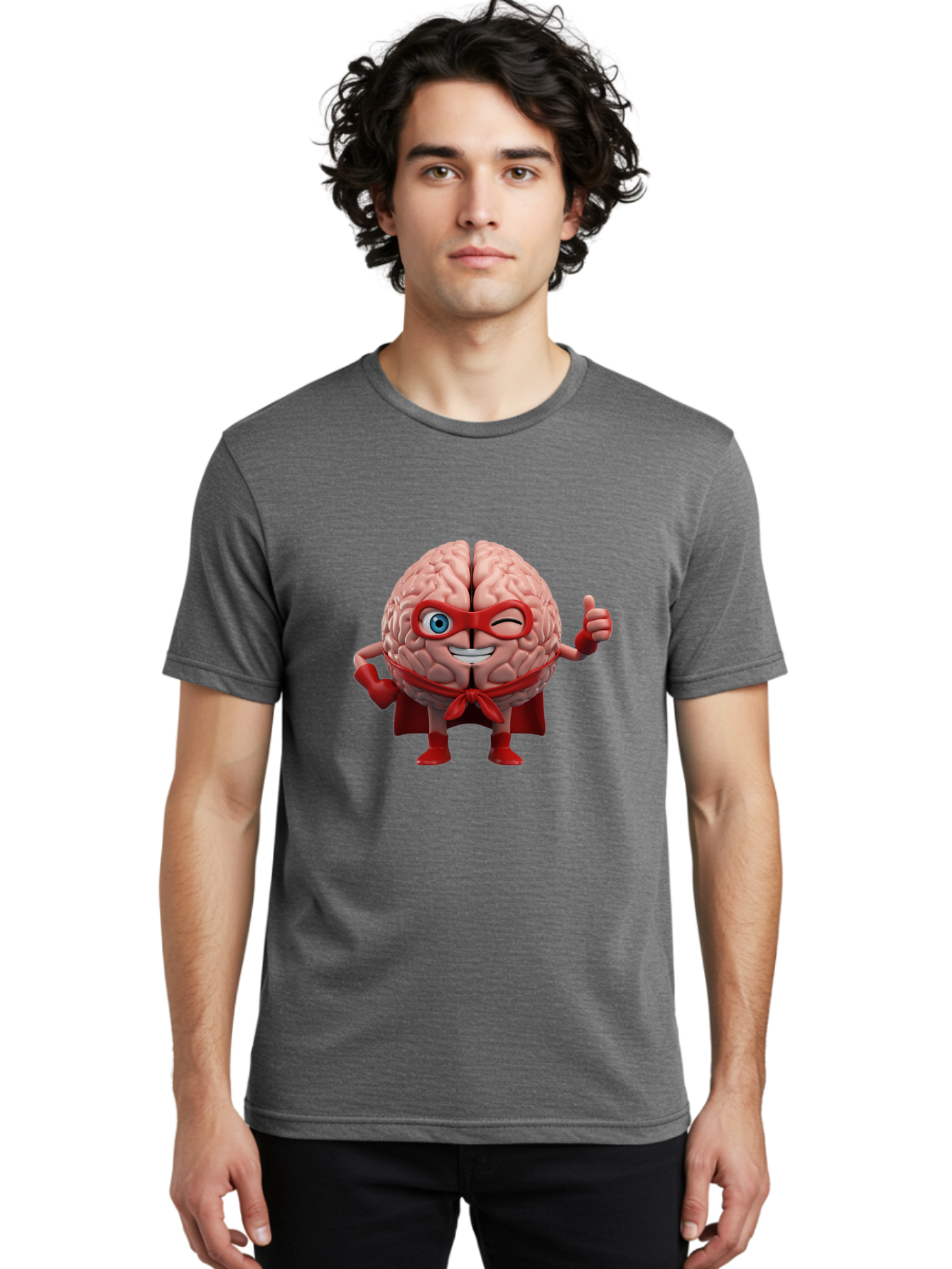 Brain-Superhero Men'S Graphic Tee, 100% Cotton, Comfortable Casual Summer Wear, Machine Washable, Cartoon Brain, Superhero Character, Comic Book Style, Flexing Muscles, Thumbs Up, Red Cape, Red Mask, Human Brain Illustration, Funny, Creative, Bae006 23