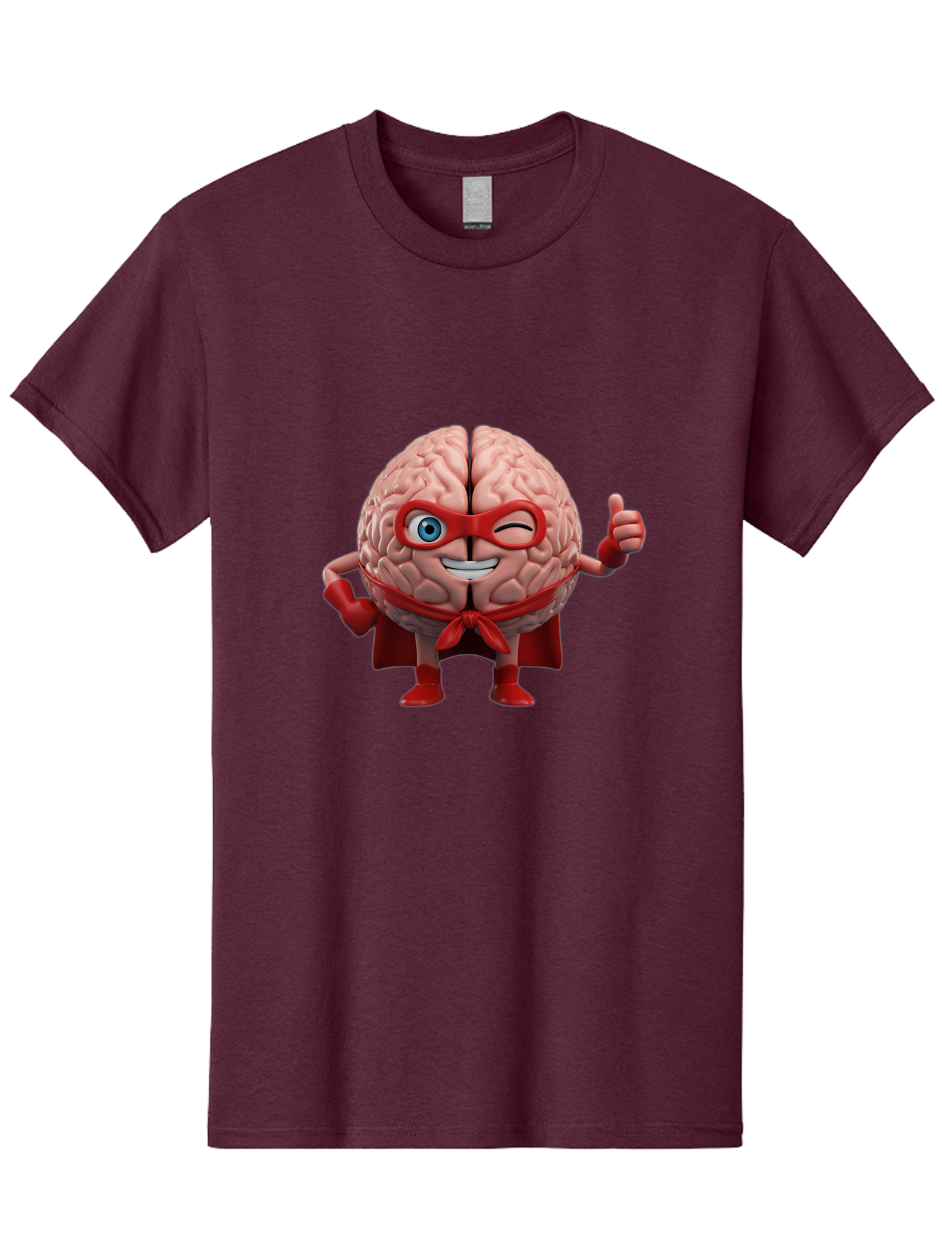 Brain-Superhero Men'S Graphic Tee, 100% Cotton, Comfortable Casual Summer Wear, Machine Washable, Cartoon Brain, Superhero Character, Comic Book Style, Flexing Muscles, Thumbs Up, Red Cape, Red Mask, Human Brain Illustration, Funny, Creative, Bae006 9