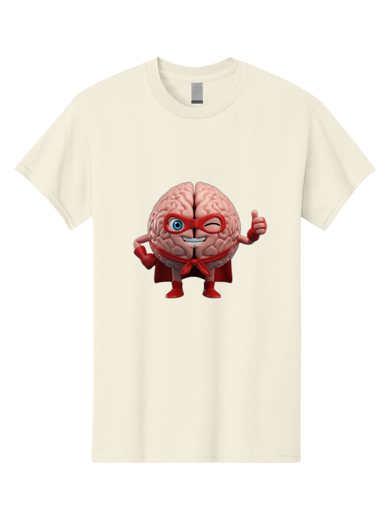 Brain-Superhero Men'S Graphic Tee, 100% Cotton, Comfortable Casual Summer Wear, Machine Washable, Cartoon Brain, Superhero Character, Comic Book Style, Flexing Muscles, Thumbs Up, Red Cape, Red Mask, Human Brain Illustration, Funny, Creative, Bae006 11